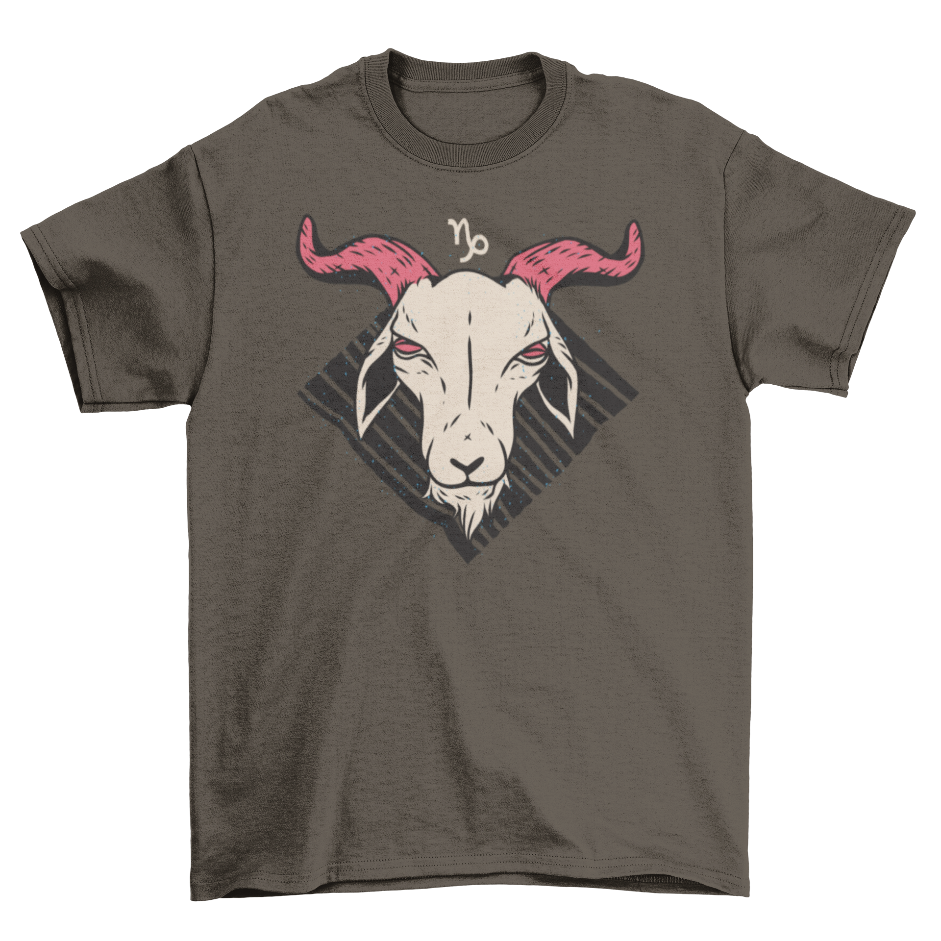 Capricorn Zodiac T-shirt featuring the Capricorn sign over a diamond-patterned background with slanted lines.