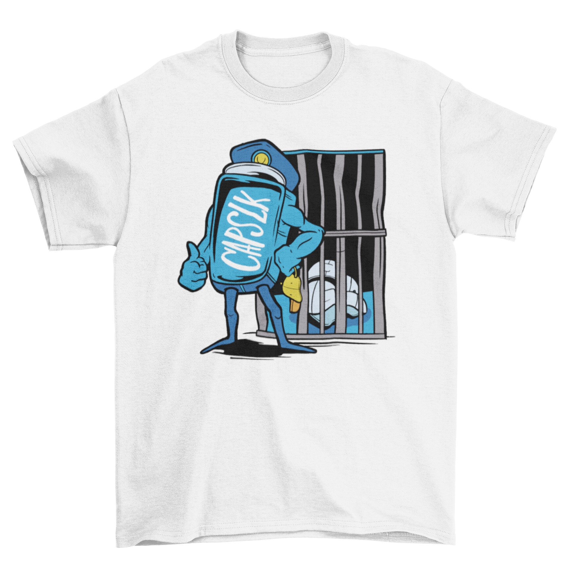 Capslock funny prison t-shirt featuring a graphic of the capslock key locking caps in a prison cell, designed for humor lovers.