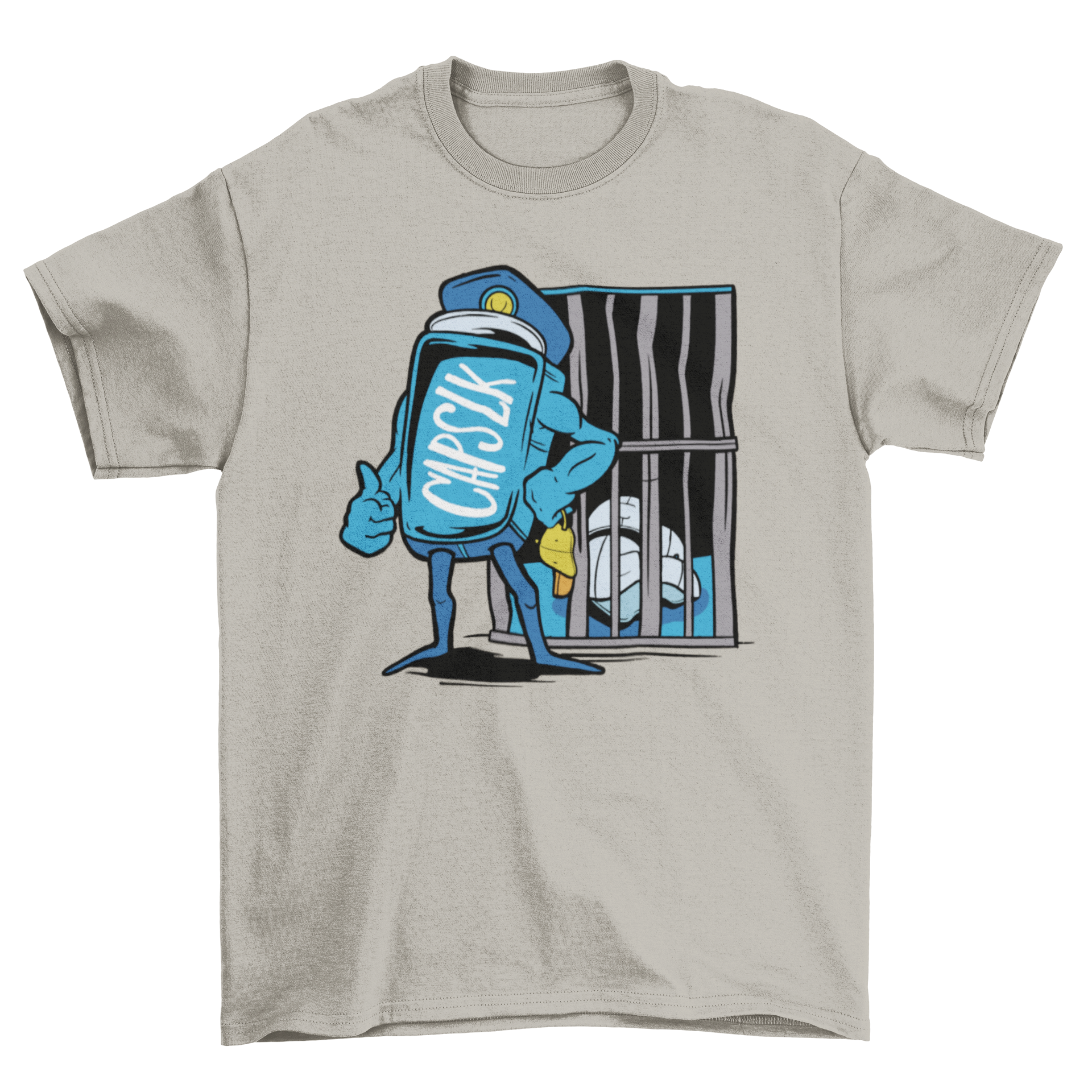 Capslock funny prison t-shirt featuring a graphic of the capslock key locking caps in a prison cell, designed for humor lovers.