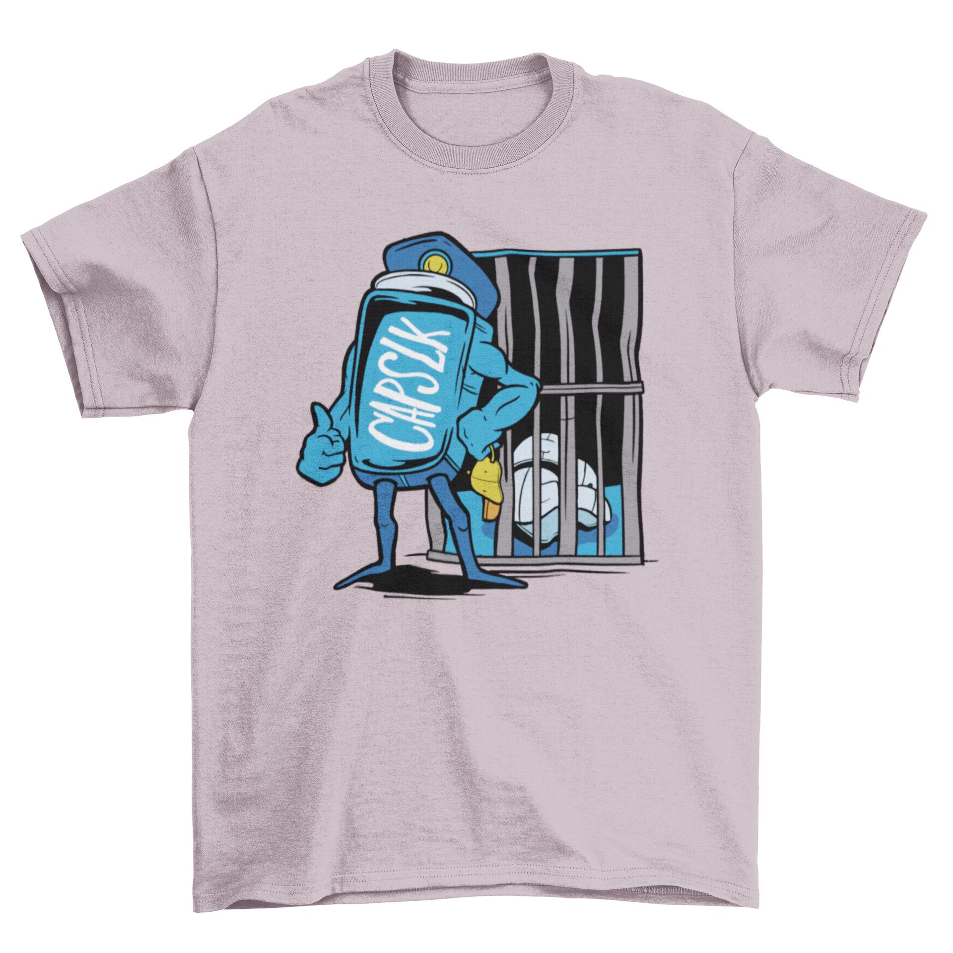 Capslock funny prison t-shirt featuring a graphic of the capslock key locking caps in a prison cell, designed for humor lovers.