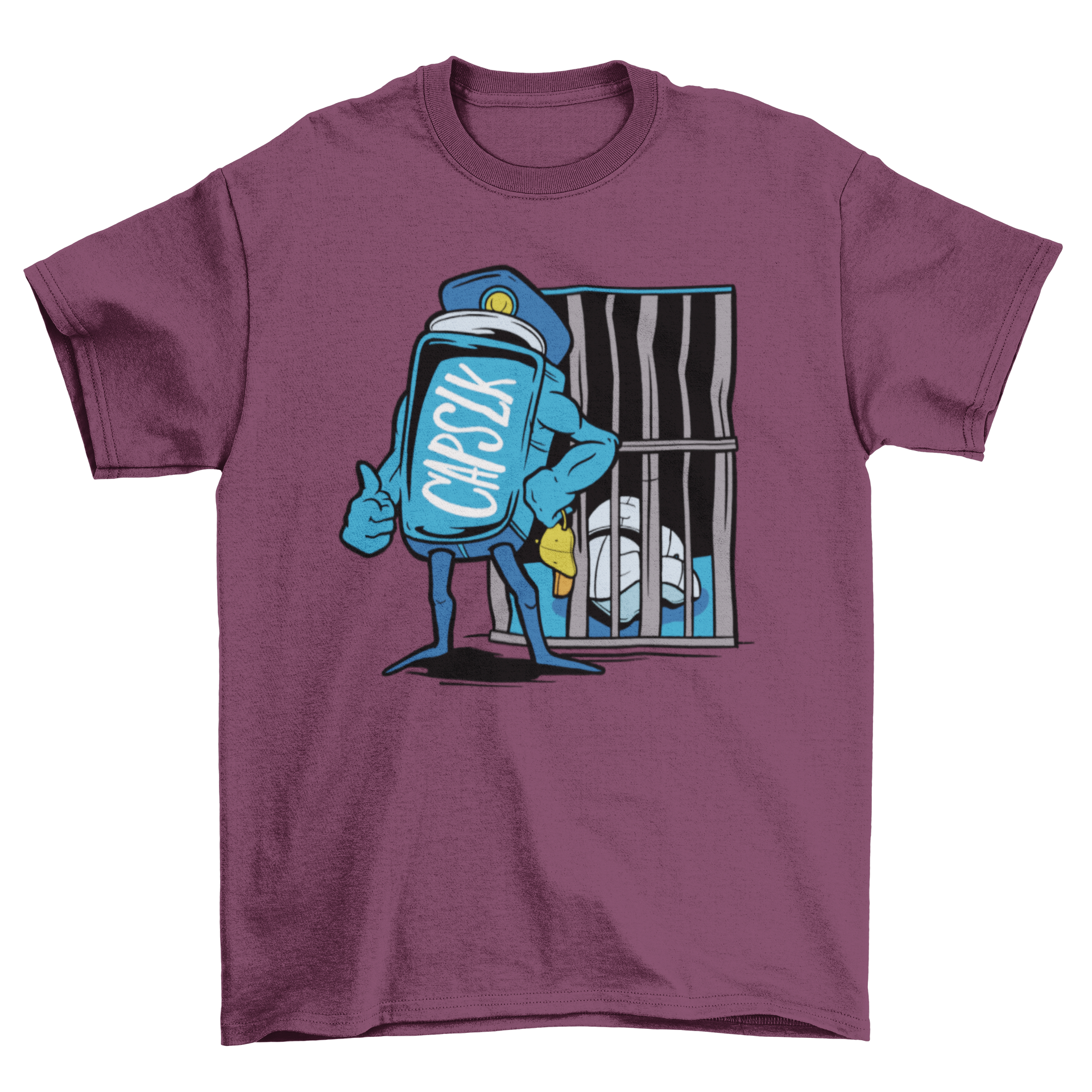 Capslock funny prison t-shirt featuring a graphic of the capslock key locking caps in a prison cell, designed for humor lovers.