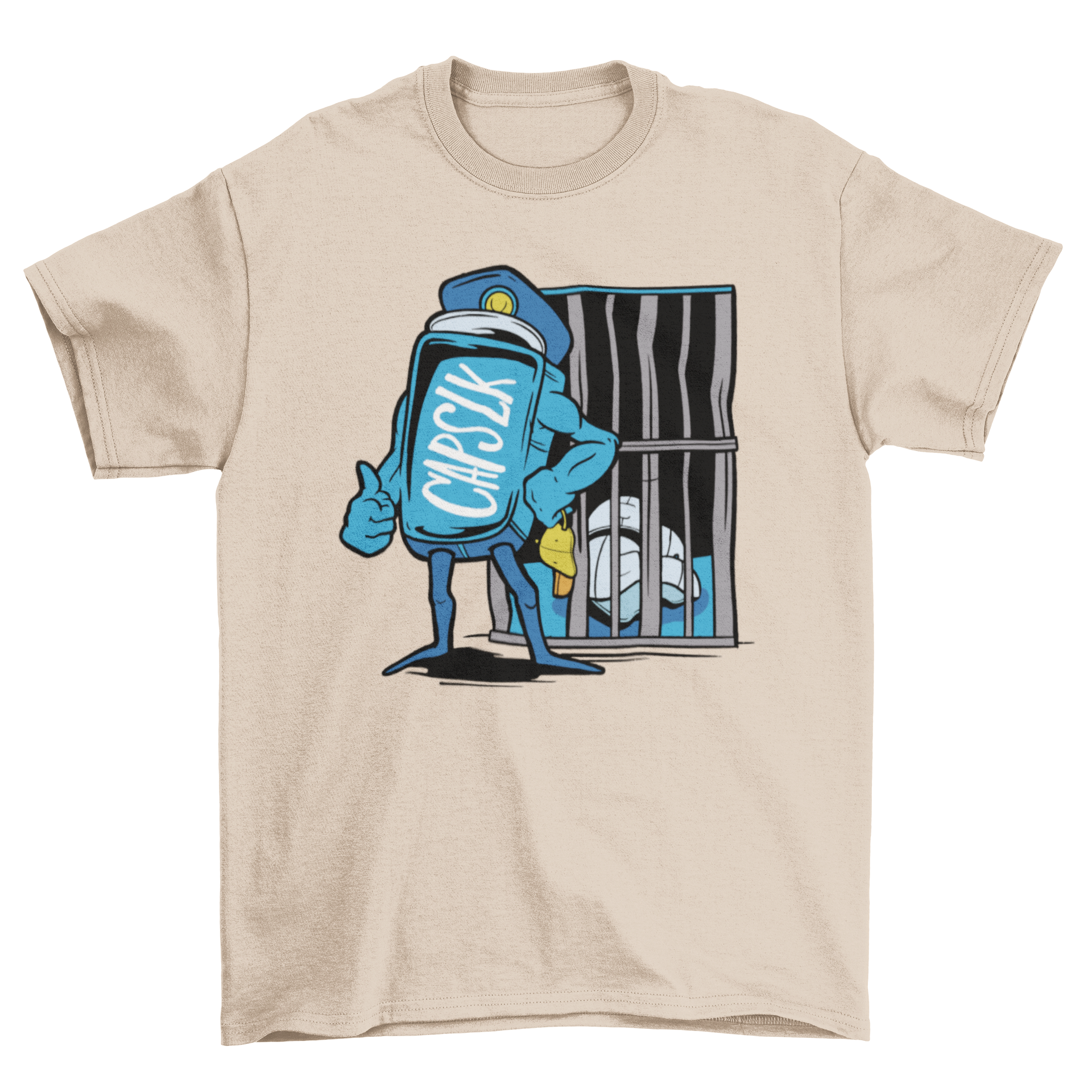 Capslock funny prison t-shirt featuring a graphic of the capslock key locking caps in a prison cell, designed for humor lovers.