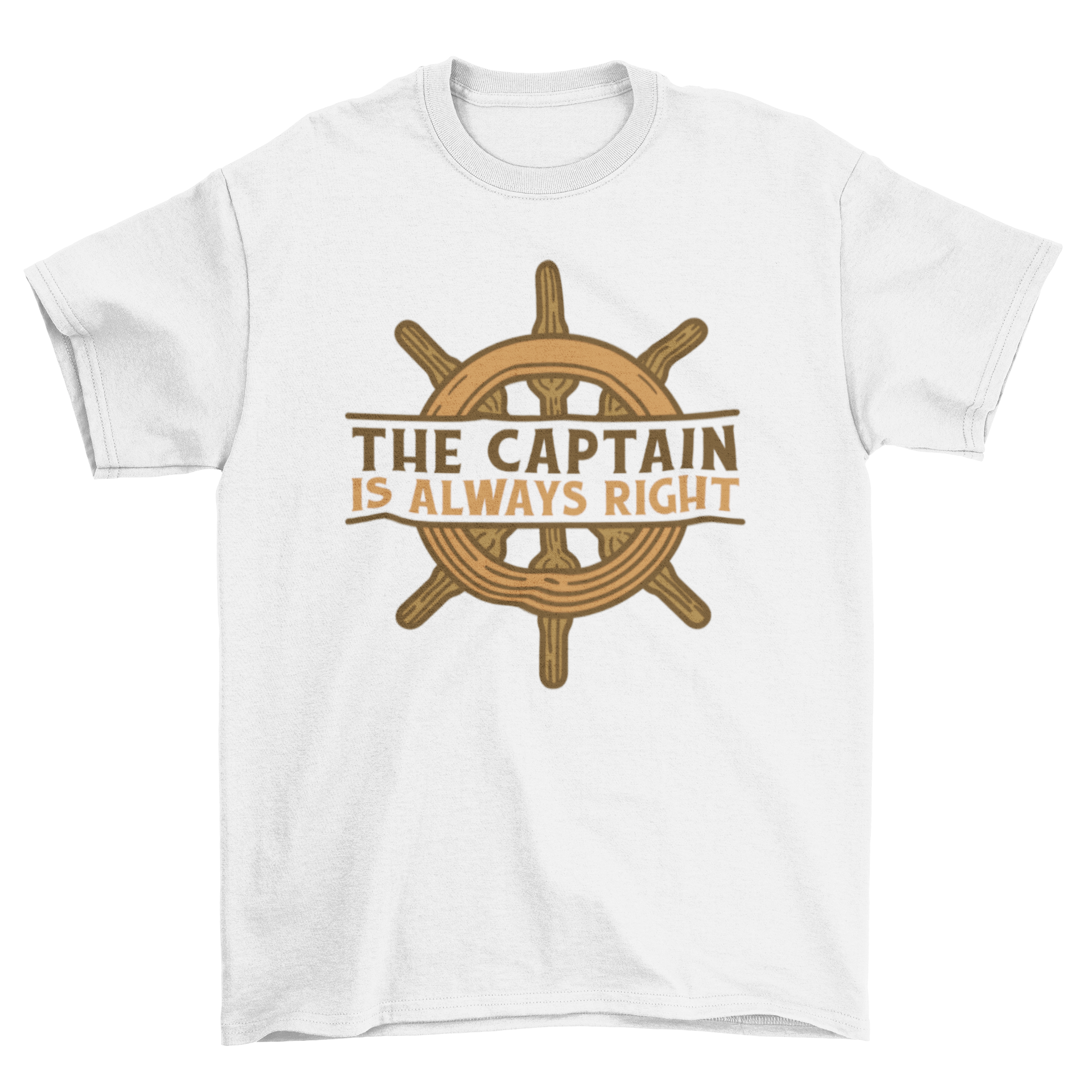 A fun t-shirt featuring a ship's wheel design and the quote 'The captain is always right', perfect for nautical lovers.