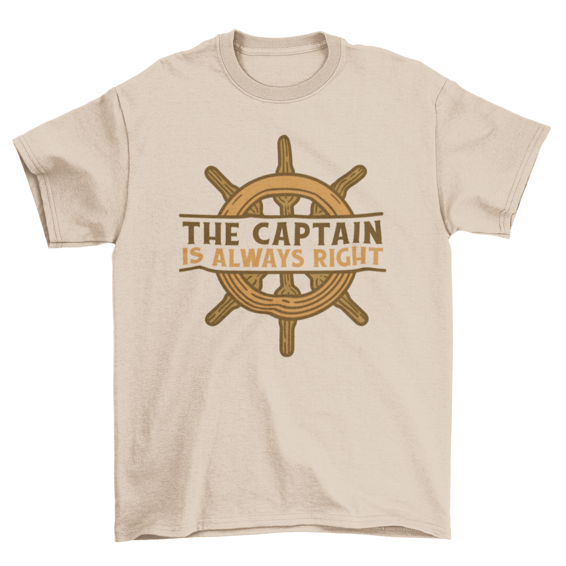 A fun t-shirt featuring a ship's wheel design and the quote 'The captain is always right', perfect for nautical lovers.