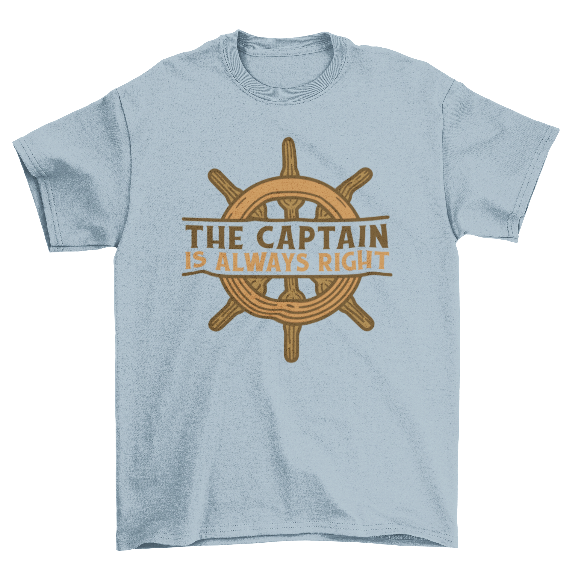 A fun t-shirt featuring a ship's wheel design and the quote 'The captain is always right', perfect for nautical lovers.