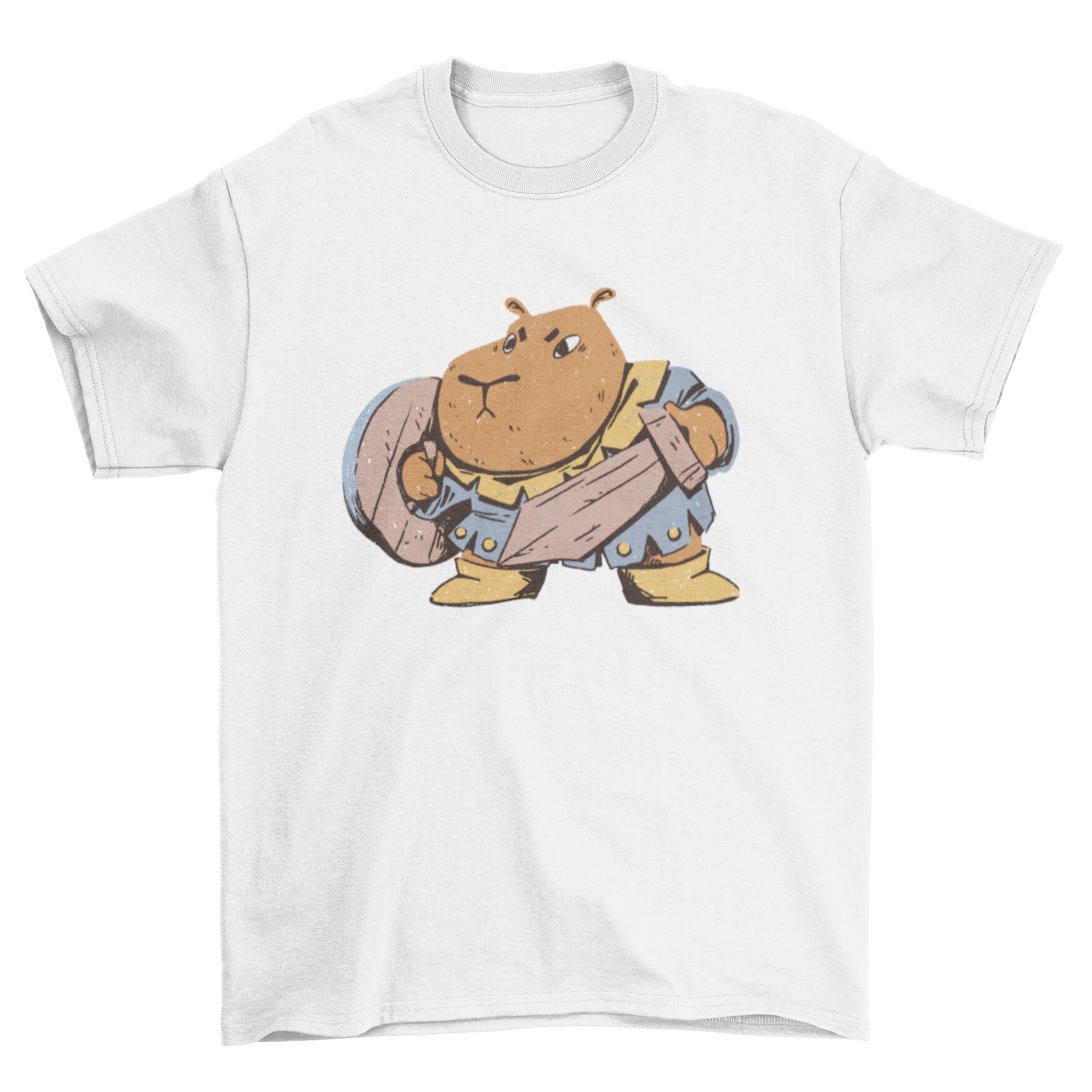 A playful t-shirt featuring a capybara dressed as a warrior with a wooden sword and shield, showcasing a fun and unique design.