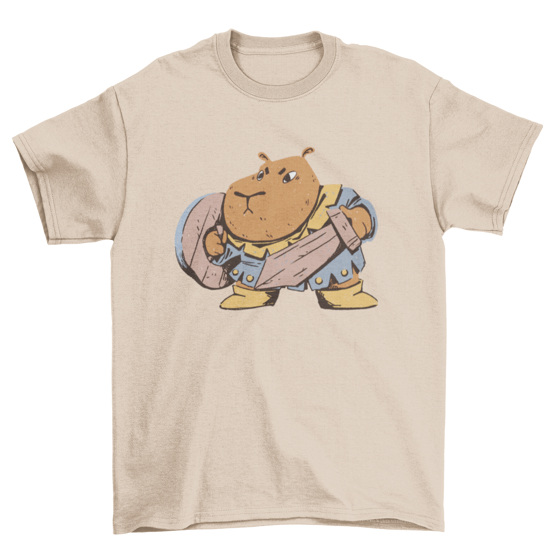 A playful t-shirt featuring a capybara dressed as a warrior with a wooden sword and shield, showcasing a fun and unique design.