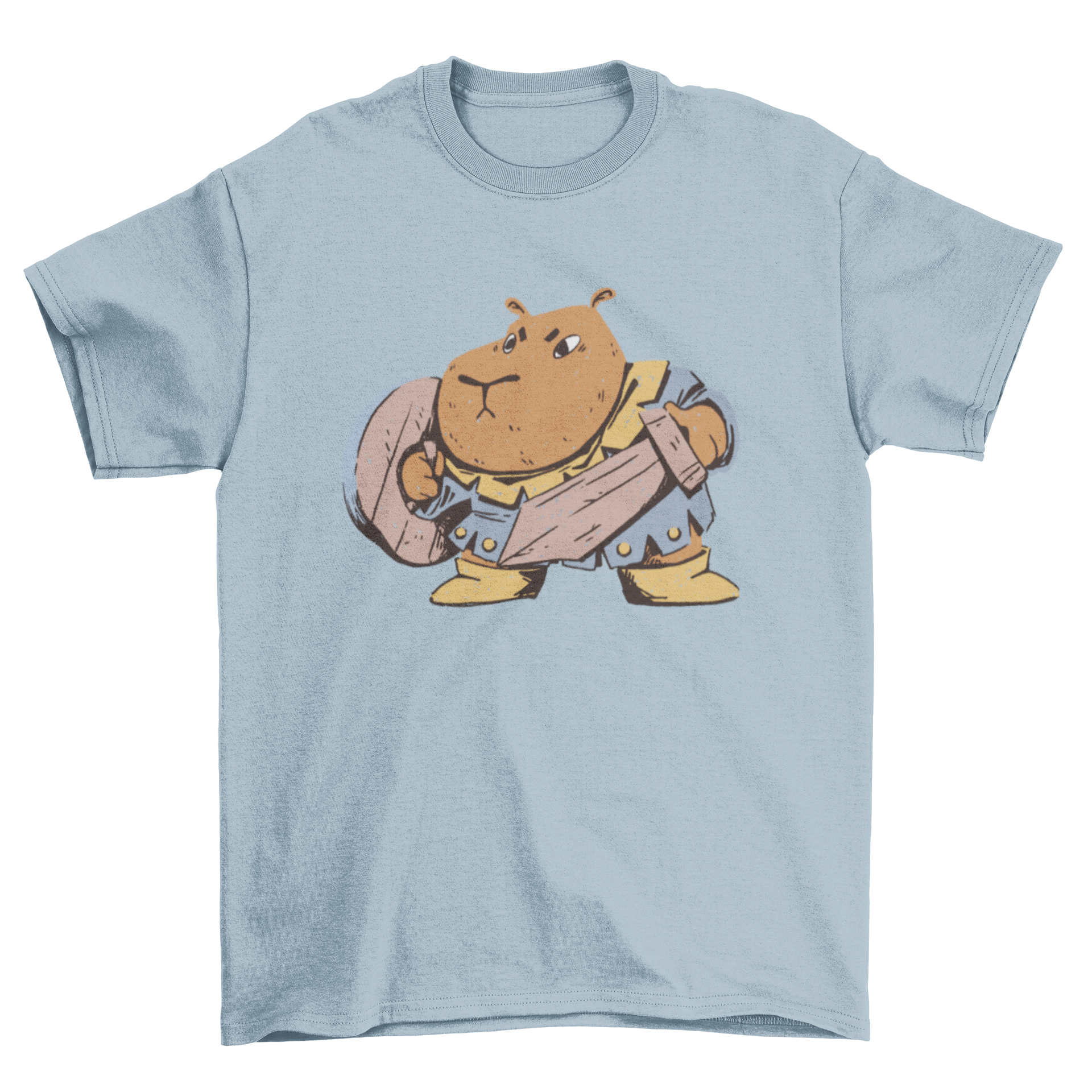 A playful t-shirt featuring a capybara dressed as a warrior with a wooden sword and shield, showcasing a fun and unique design.