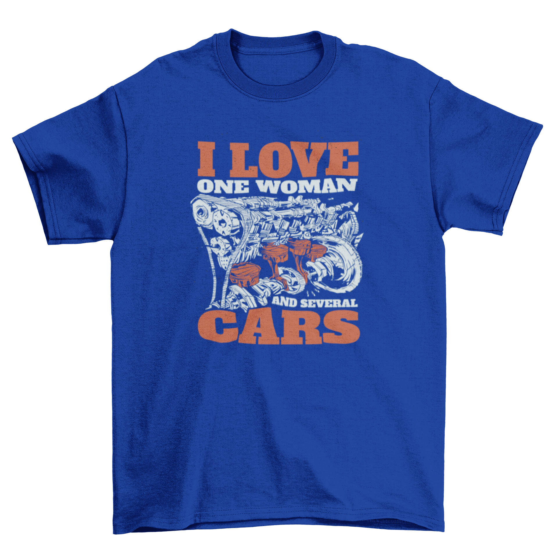 Car engine equipment t-shirt featuring an engine graphic and a humorous quote about cars.