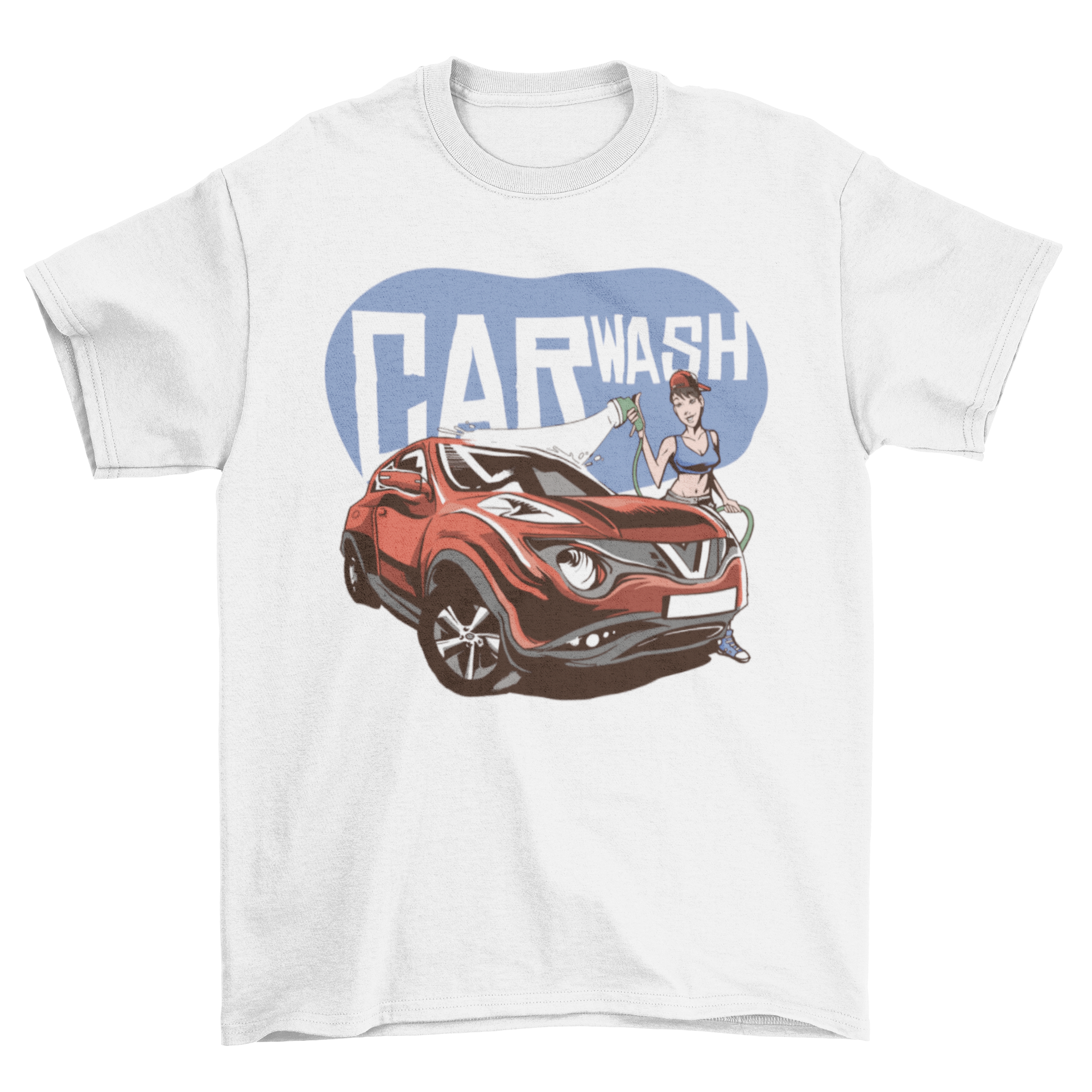 Car Wash Girl T-shirt featuring a girl washing a car with bold 'CAR WASH' text.