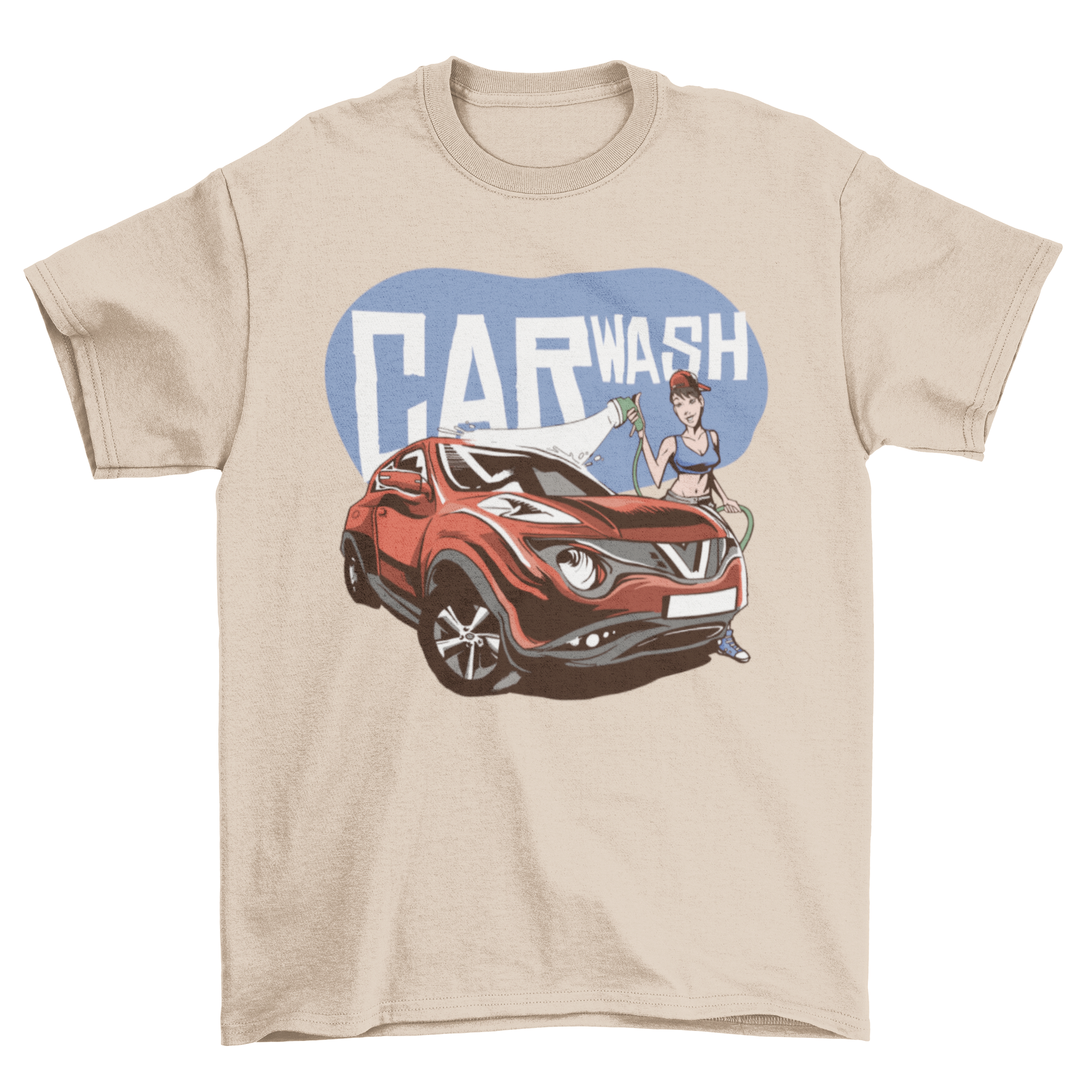 Car Wash Girl T-shirt featuring a girl washing a car with bold 'CAR WASH' text.