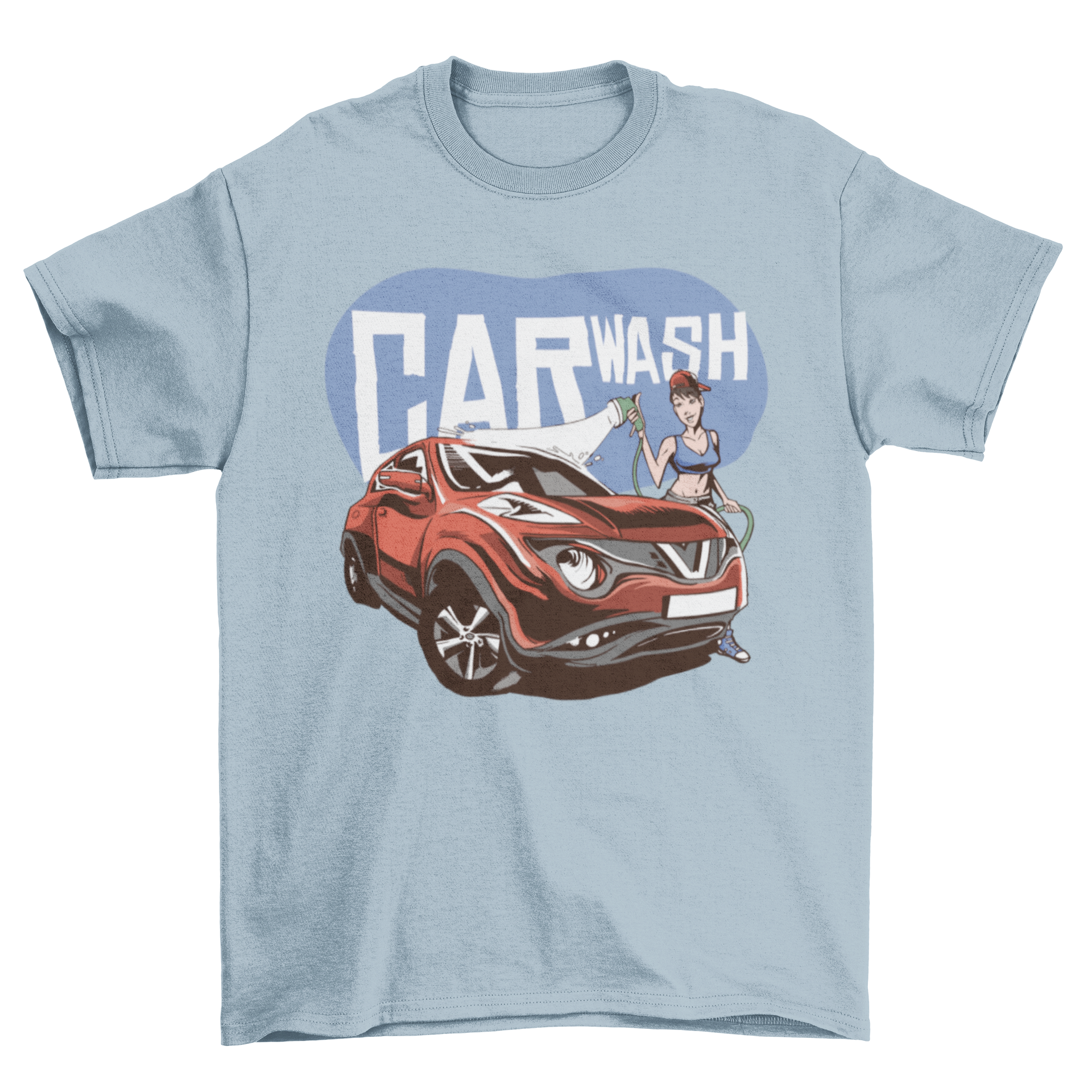 Car Wash Girl T-shirt featuring a girl washing a car with bold 'CAR WASH' text.