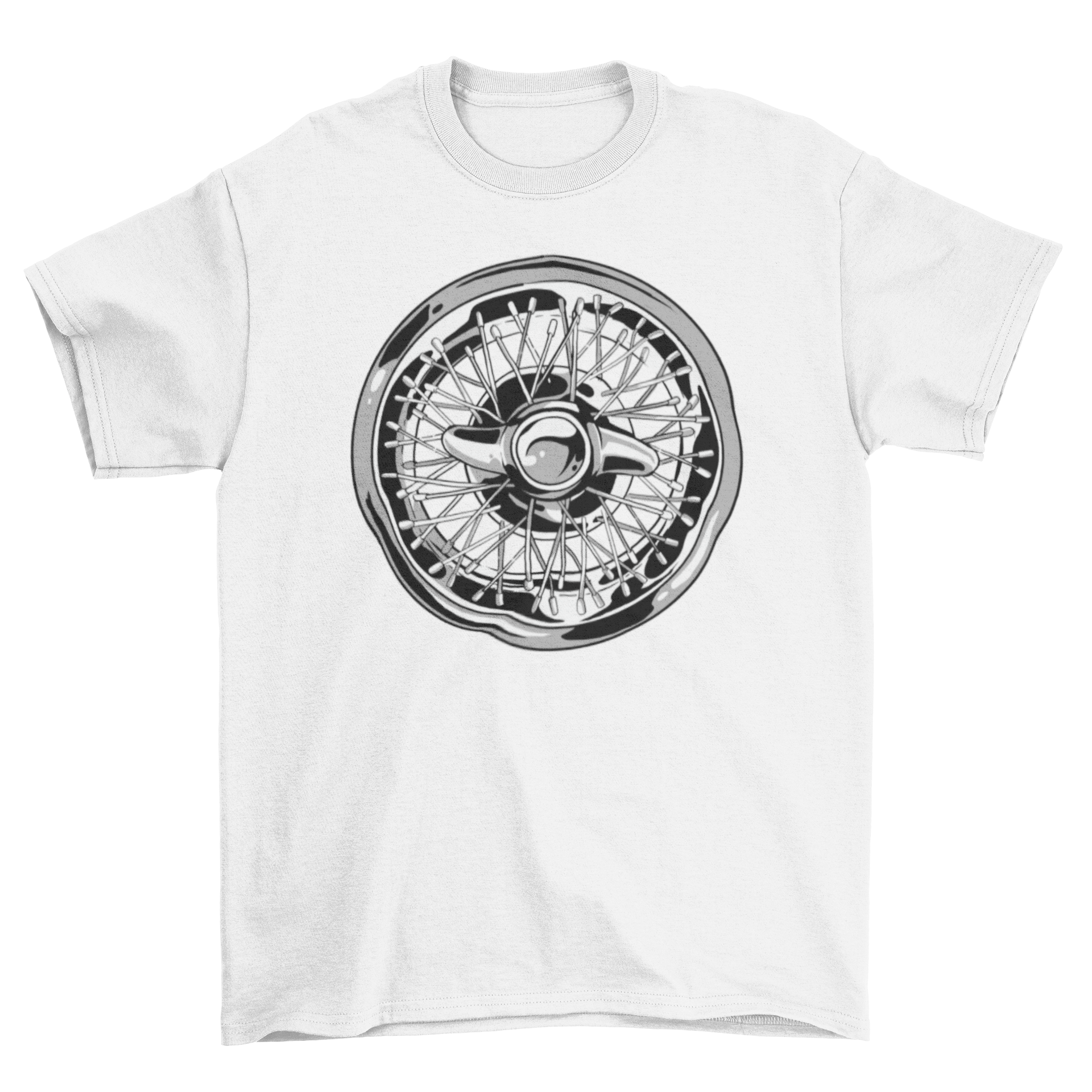 Stylish T-shirt featuring a shiny car wheel rim graphic design, perfect for automotive enthusiasts.