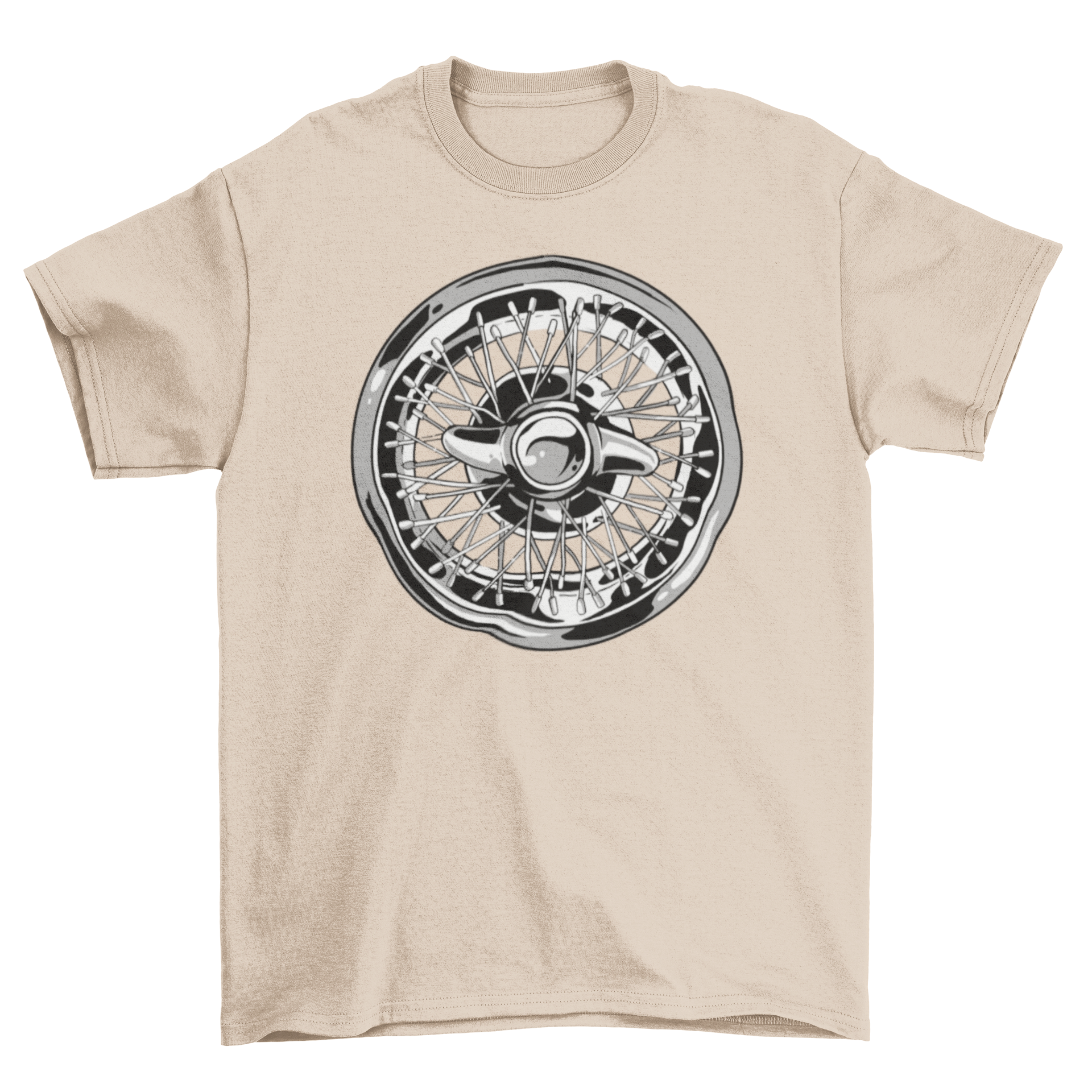 Stylish T-shirt featuring a shiny car wheel rim graphic design, perfect for automotive enthusiasts.