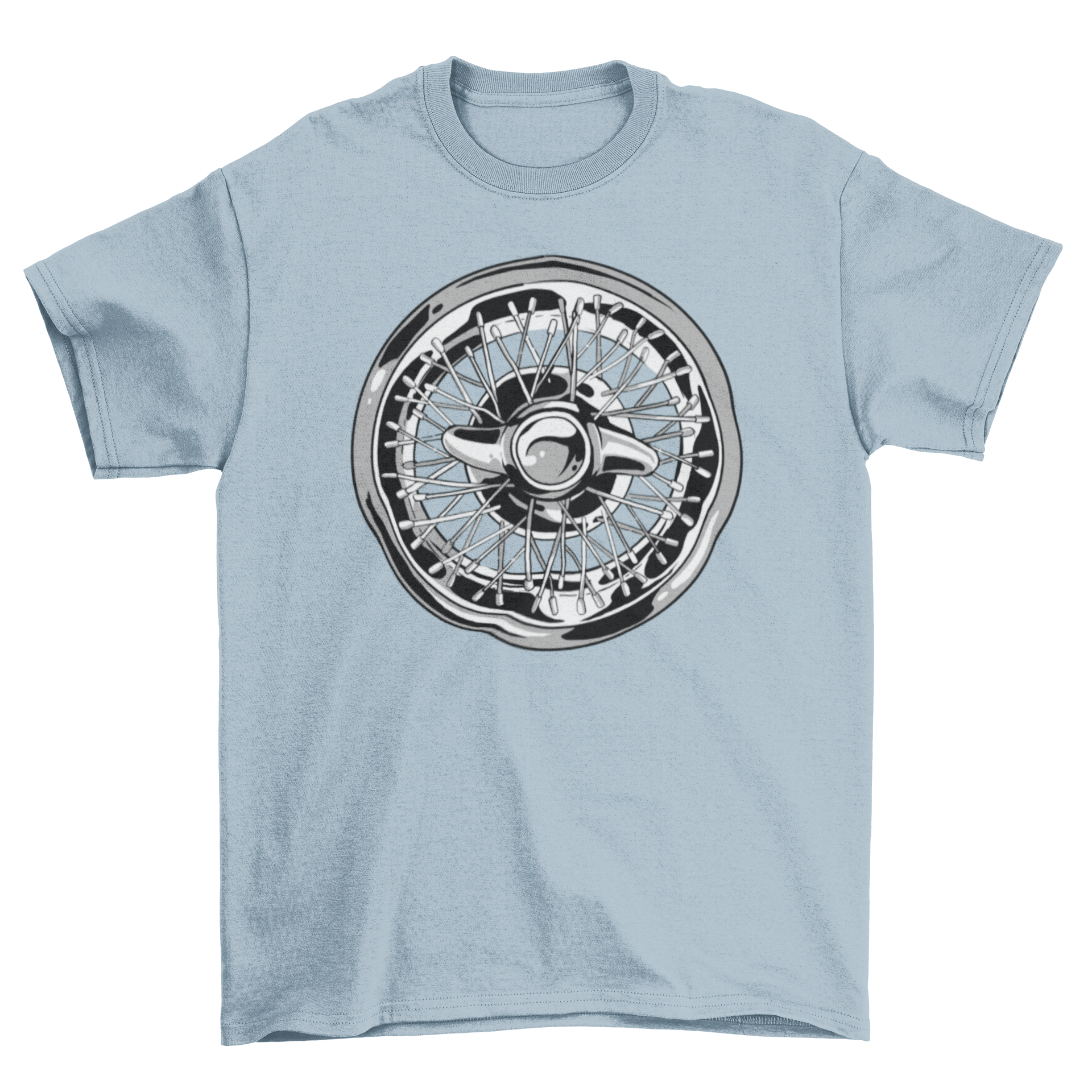 Stylish T-shirt featuring a shiny car wheel rim graphic design, perfect for automotive enthusiasts.