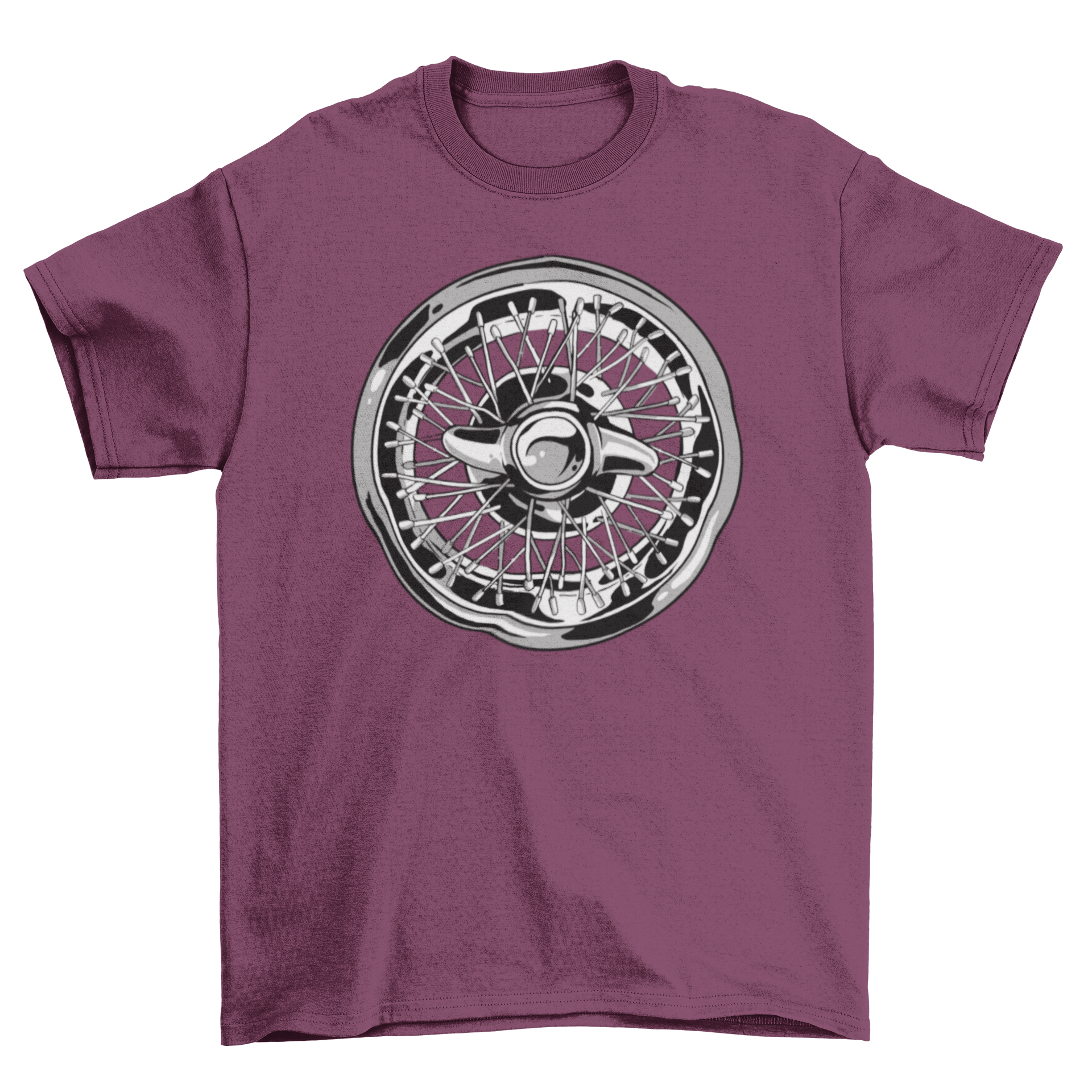 Stylish T-shirt featuring a shiny car wheel rim graphic design, perfect for automotive enthusiasts.