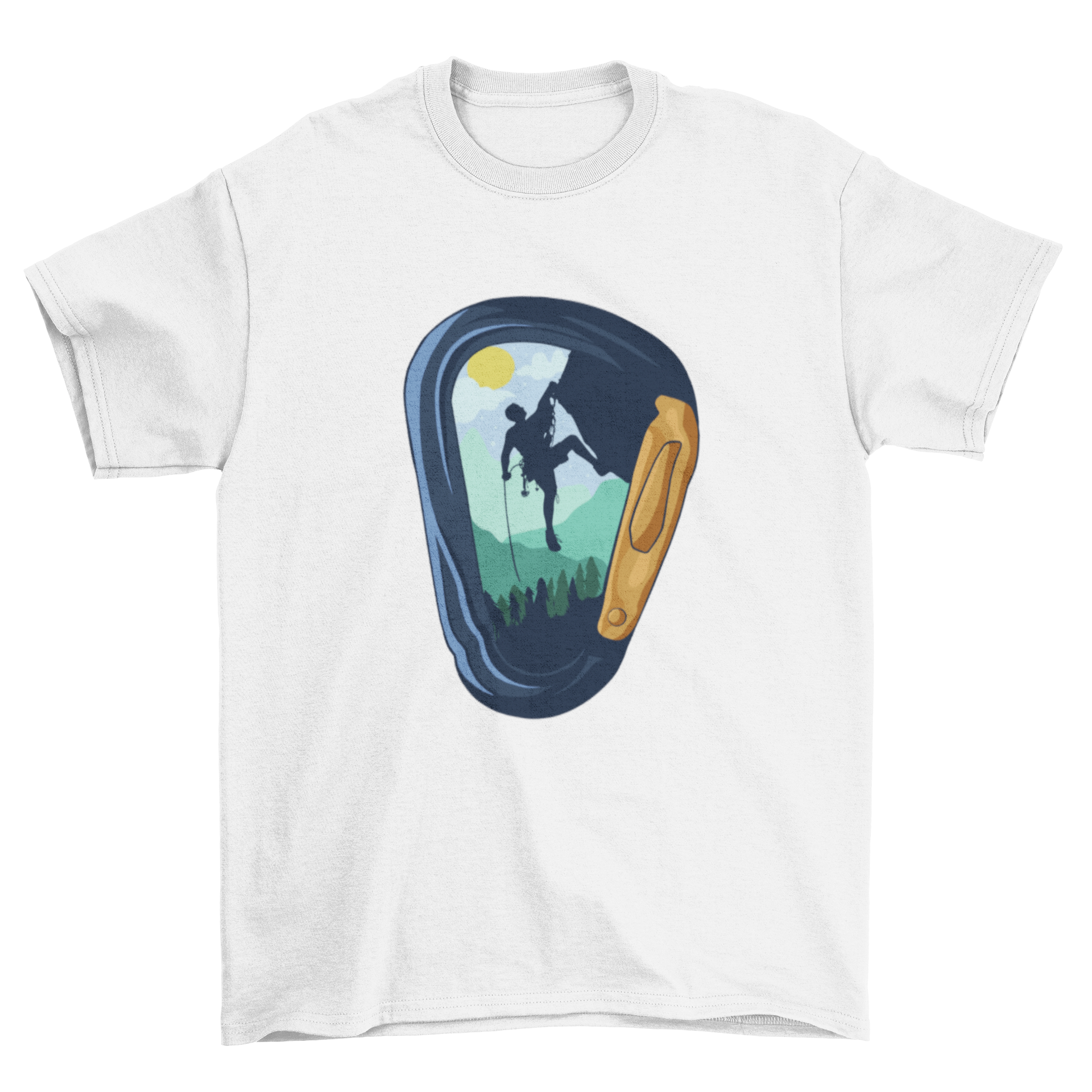 A stylish Carabiner climbing t-shirt featuring a climber design inside a carabiner graphic.