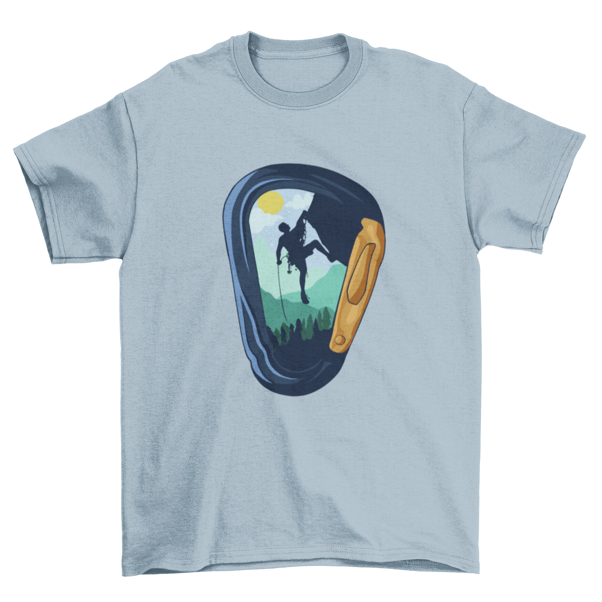 A stylish Carabiner climbing t-shirt featuring a climber design inside a carabiner graphic.