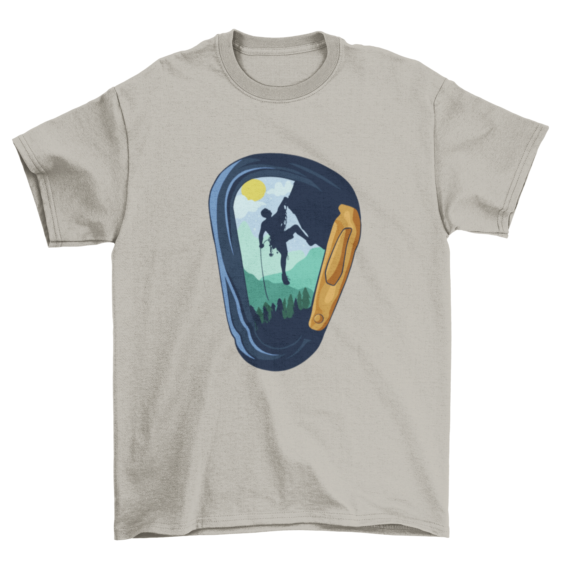 A stylish Carabiner climbing t-shirt featuring a climber design inside a carabiner graphic.