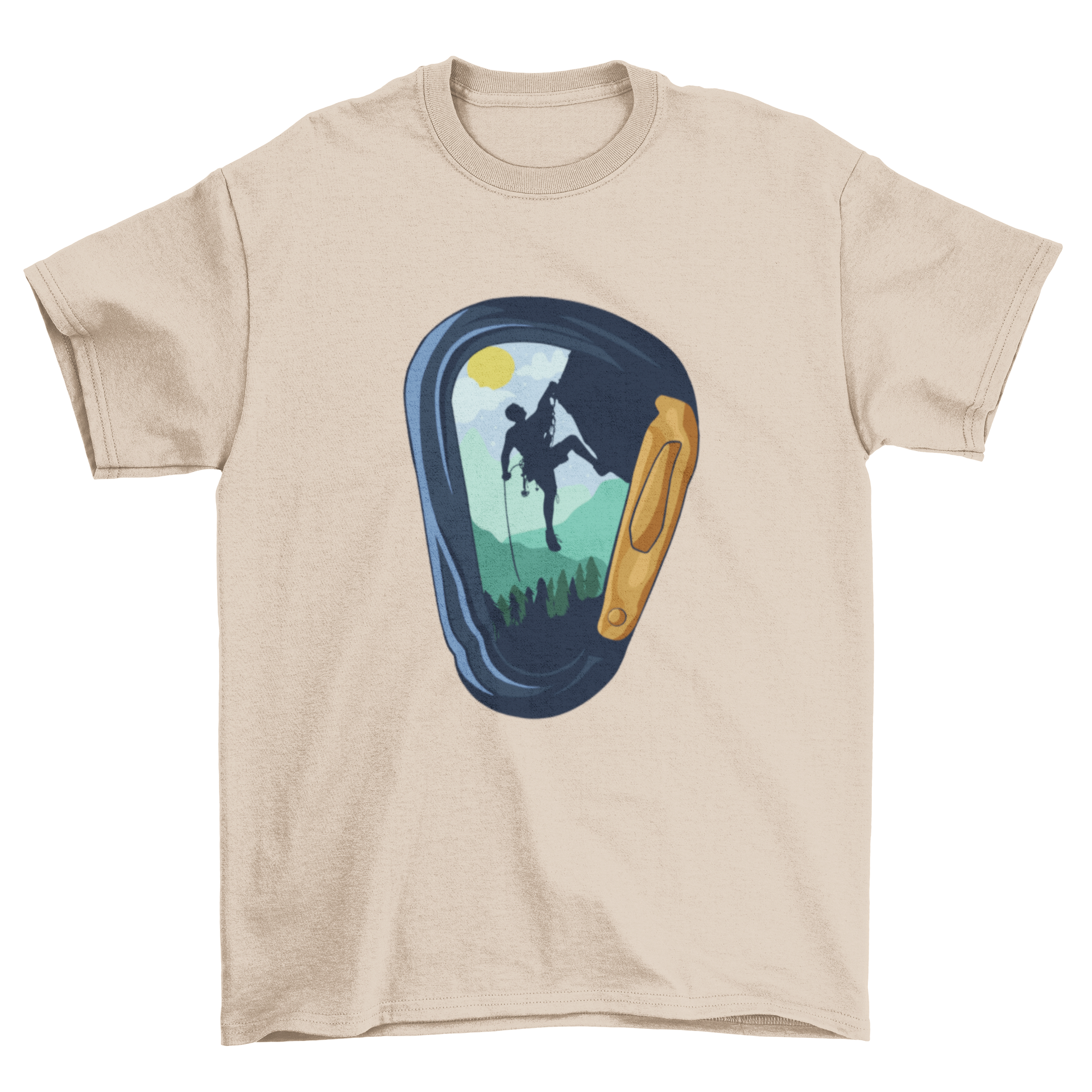 A stylish Carabiner climbing t-shirt featuring a climber design inside a carabiner graphic.