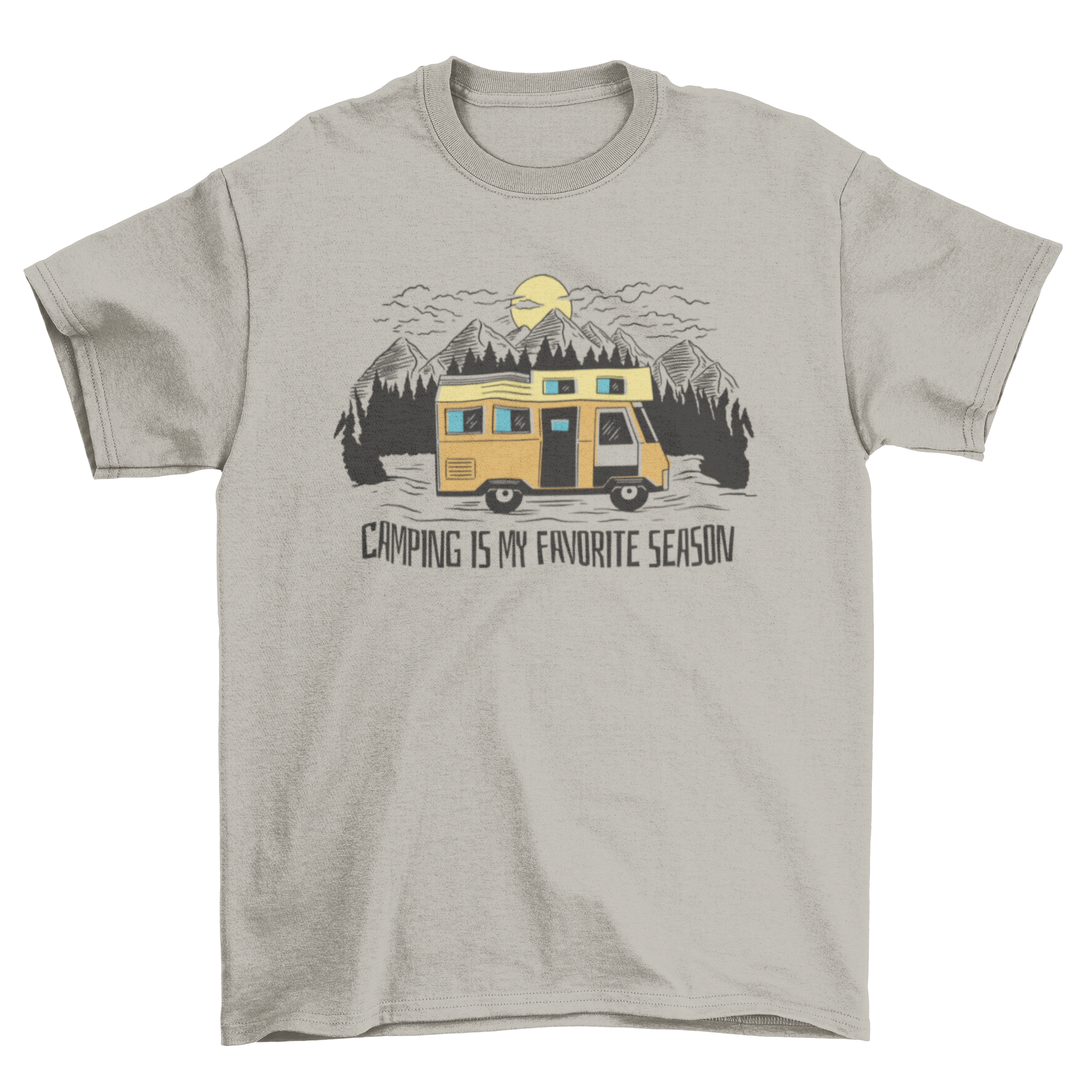 A stylish t-shirt featuring an RV driving through a forest with mountains and the quote 'Camping is my favorite season'.