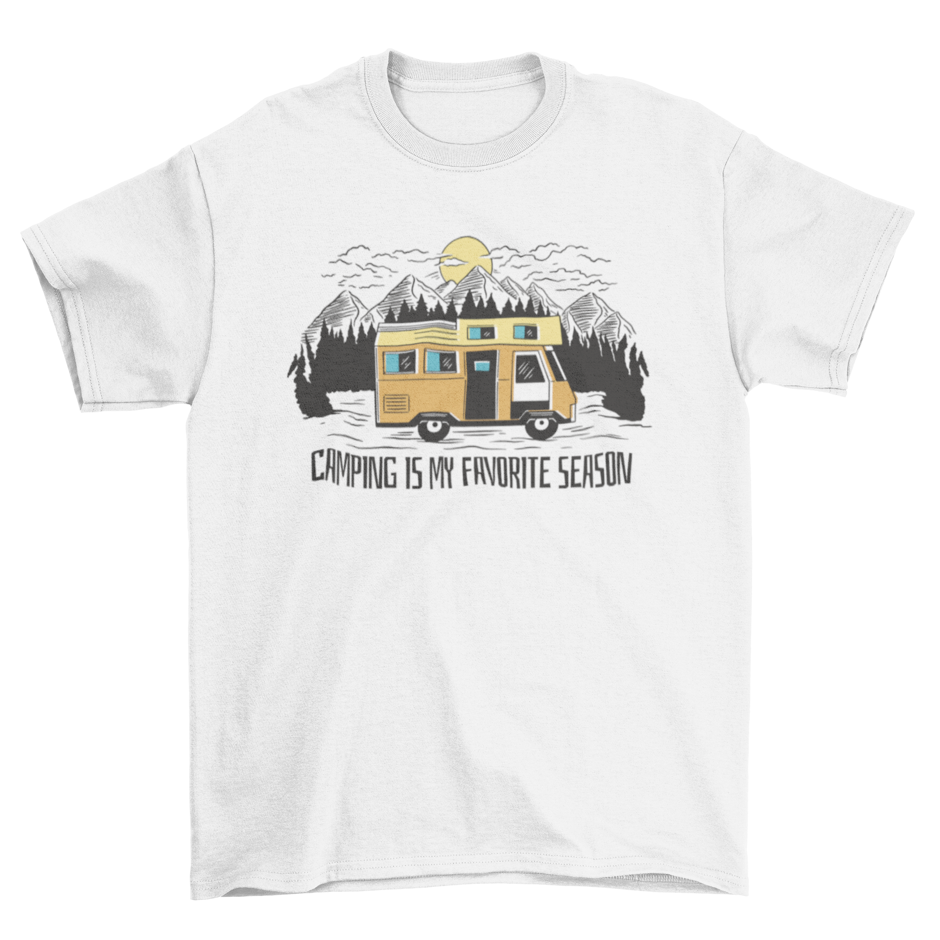 A stylish t-shirt featuring an RV driving through a forest with mountains and the quote 'Camping is my favorite season'.