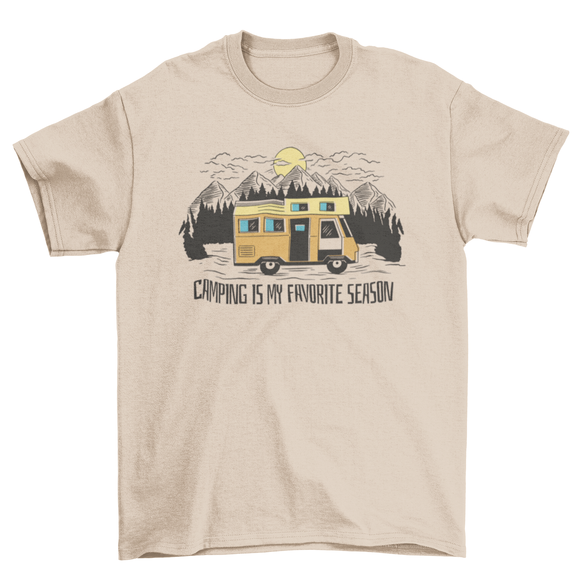 A stylish t-shirt featuring an RV driving through a forest with mountains and the quote 'Camping is my favorite season'.