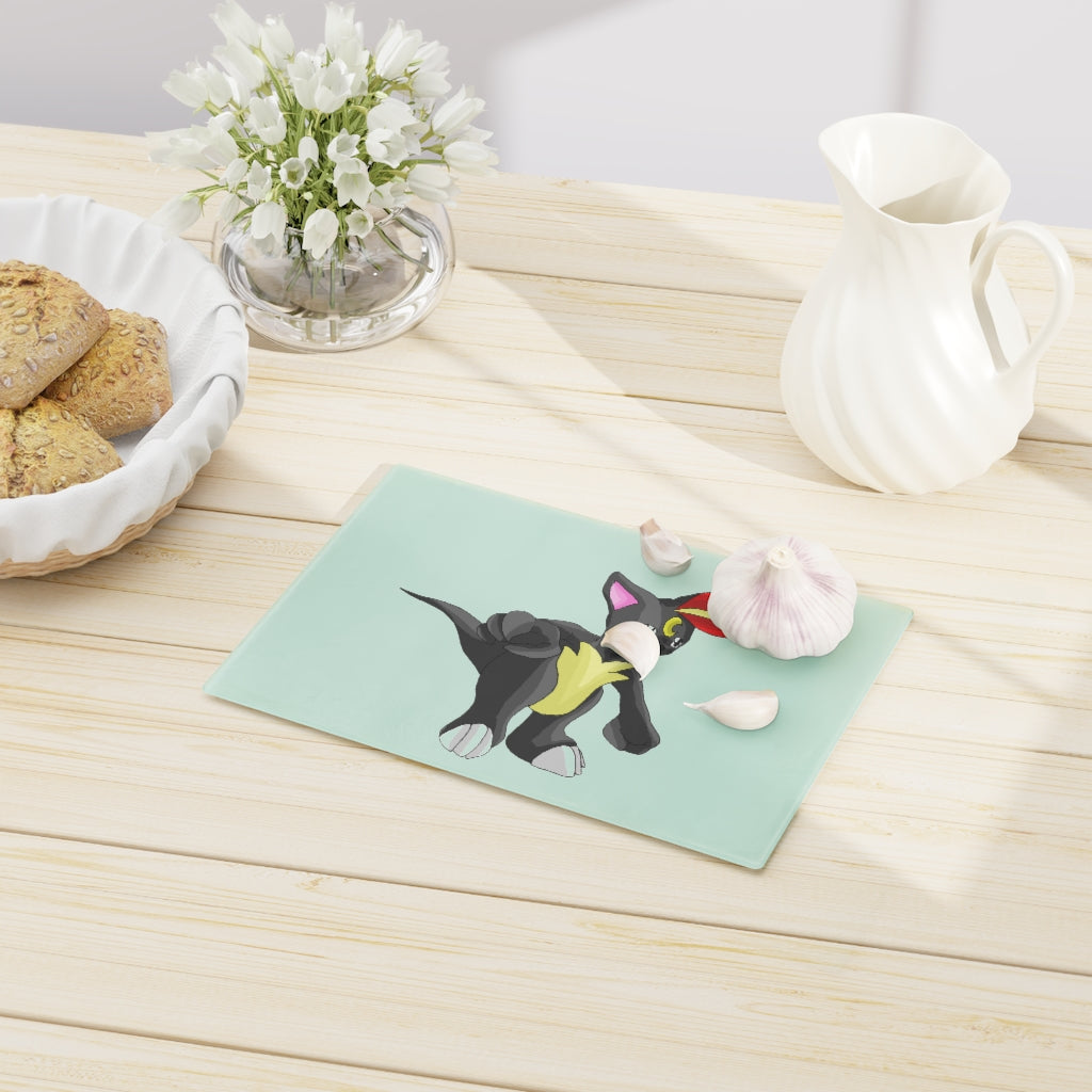 Carcoot Cutting Board made of tempered glass with rubber dots for stability, showcasing a personalized design.