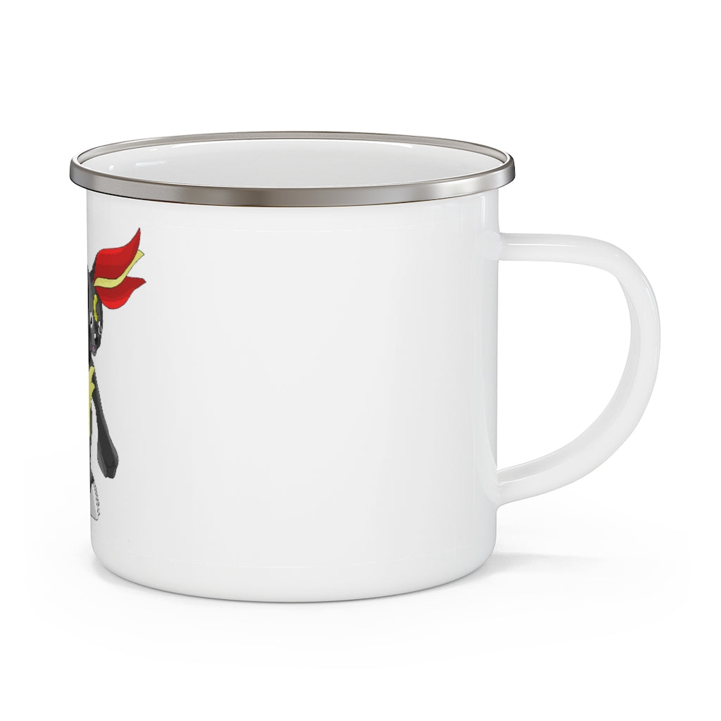 Carcoot Enamel Camping Mug in a natural outdoor setting, showcasing its durable design and customizable printing options.