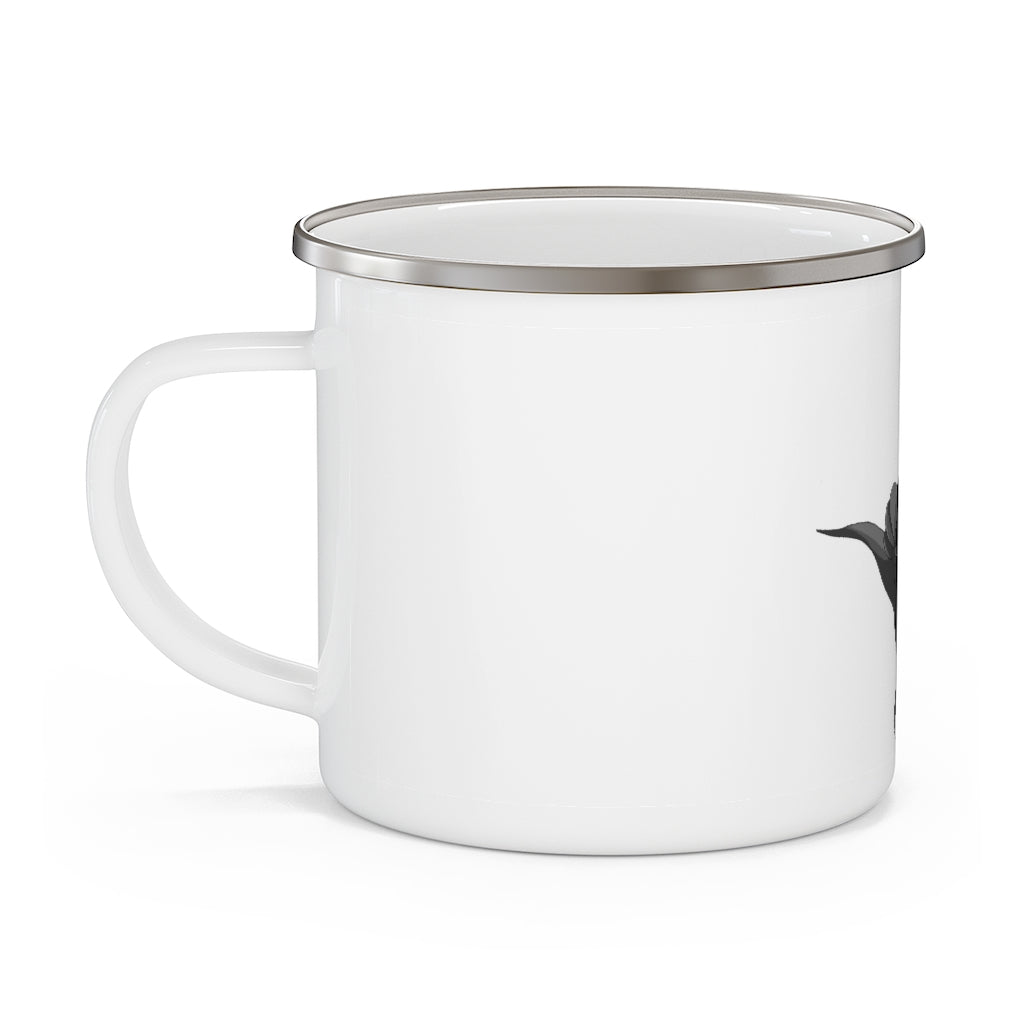 Carcoot Enamel Camping Mug in a natural outdoor setting, showcasing its durable design and customizable printing options.