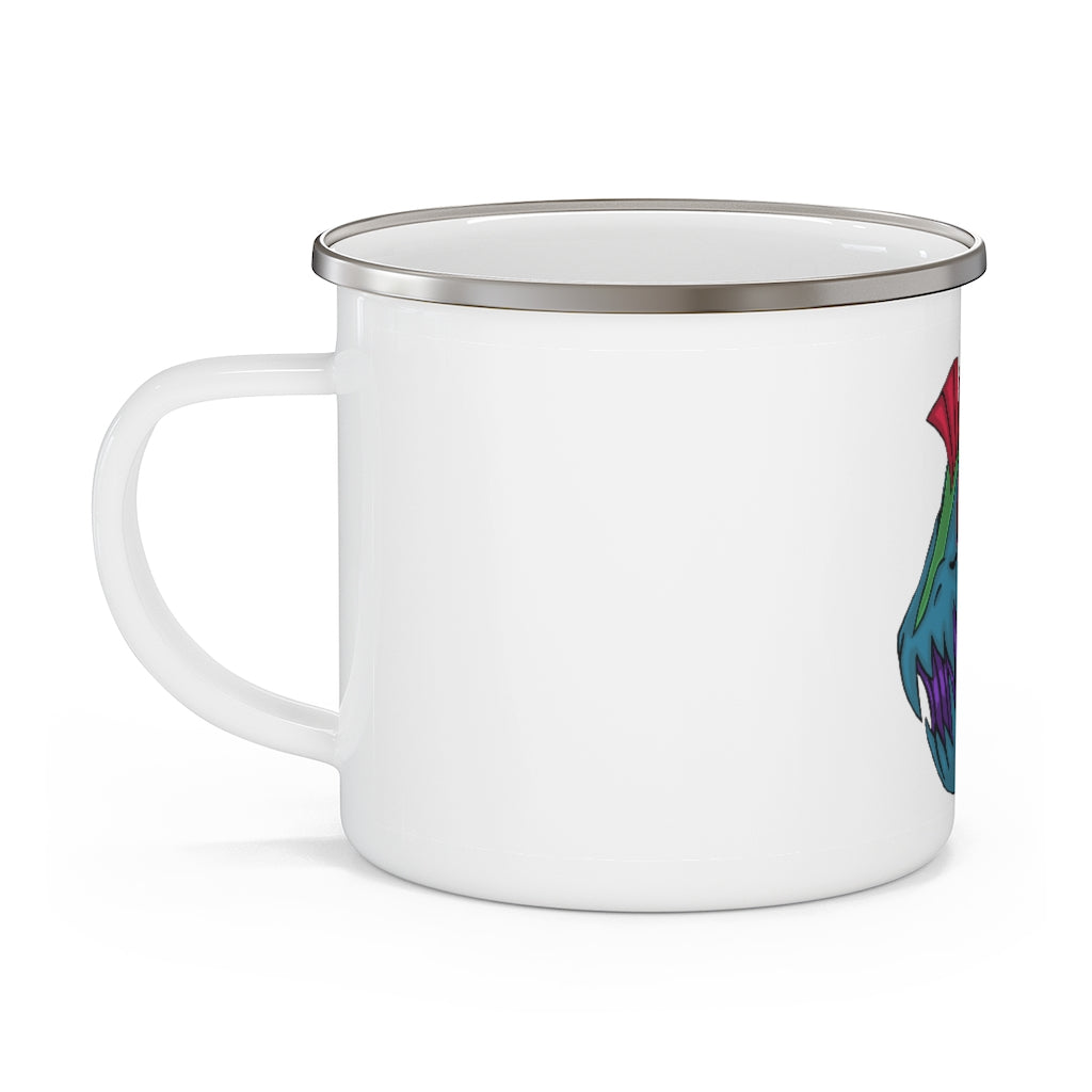 Carnevorenip Enamel Camping Mug with a C-handle, featuring a durable stainless steel body and customizable full-color design.