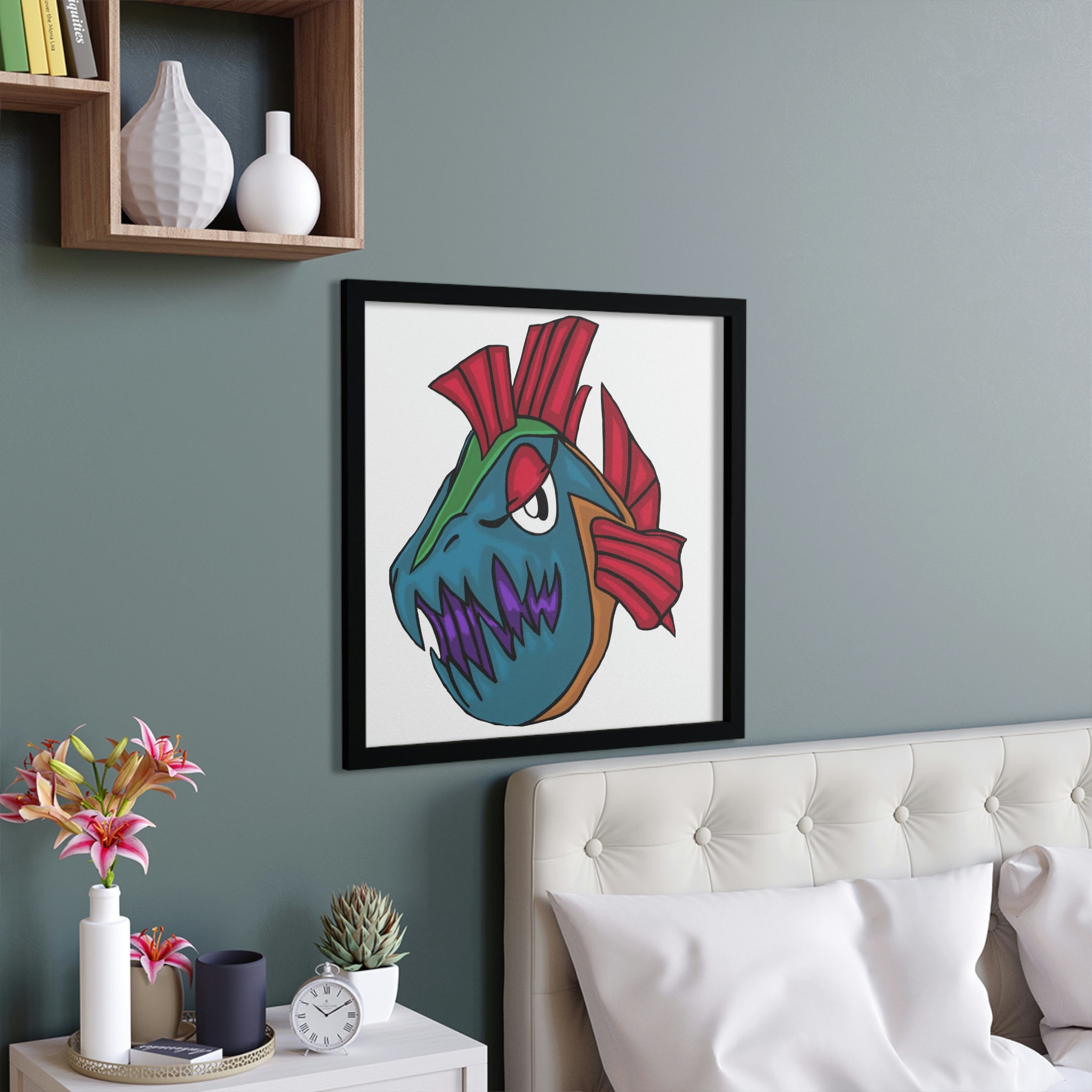 Carnevorenip Framed Poster with hand-crafted wooden frame showcasing vibrant artwork.