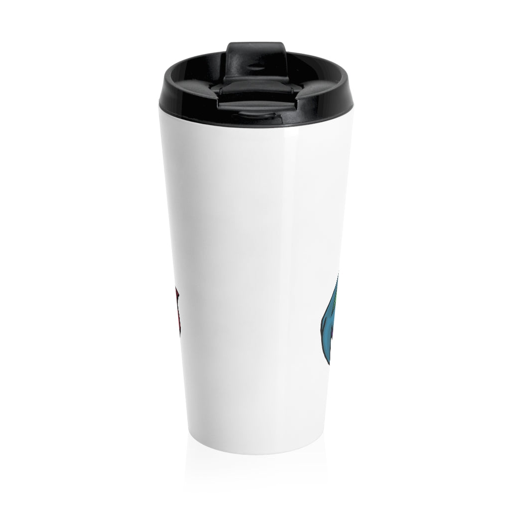 Carnevorenip Stainless Steel Travel Mug with black lid, showcasing its sleek design and vibrant sublimation printing.