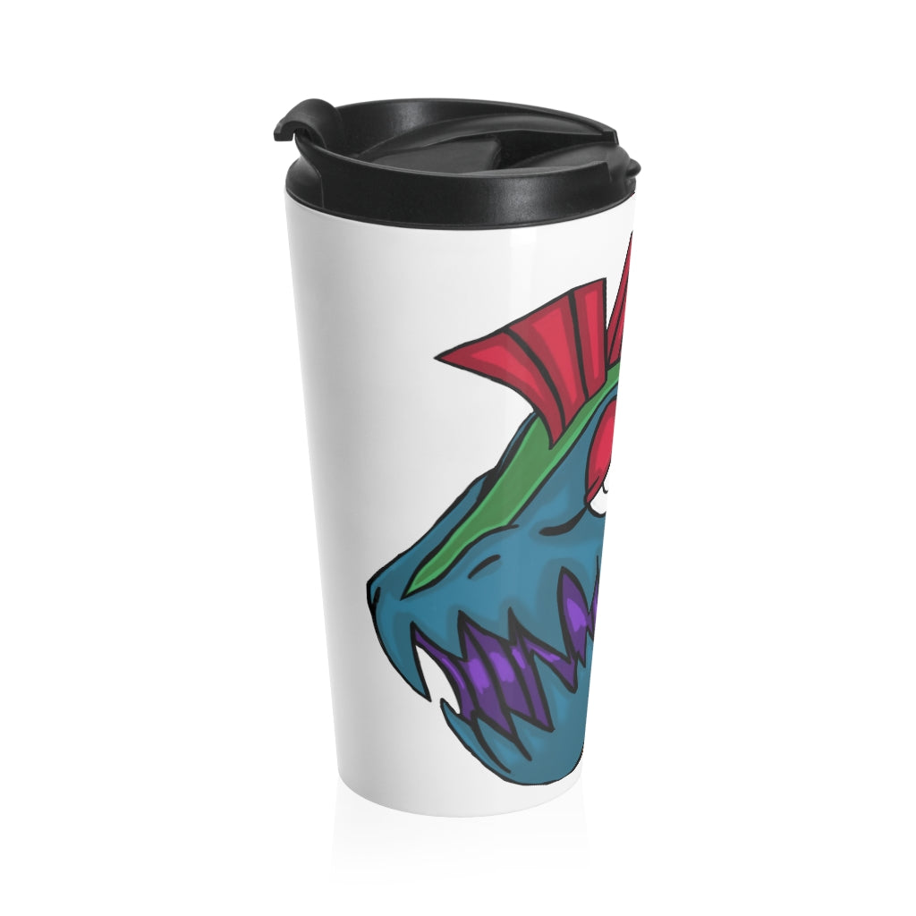 Carnevorenip Stainless Steel Travel Mug with black lid, showcasing its sleek design and vibrant sublimation printing.