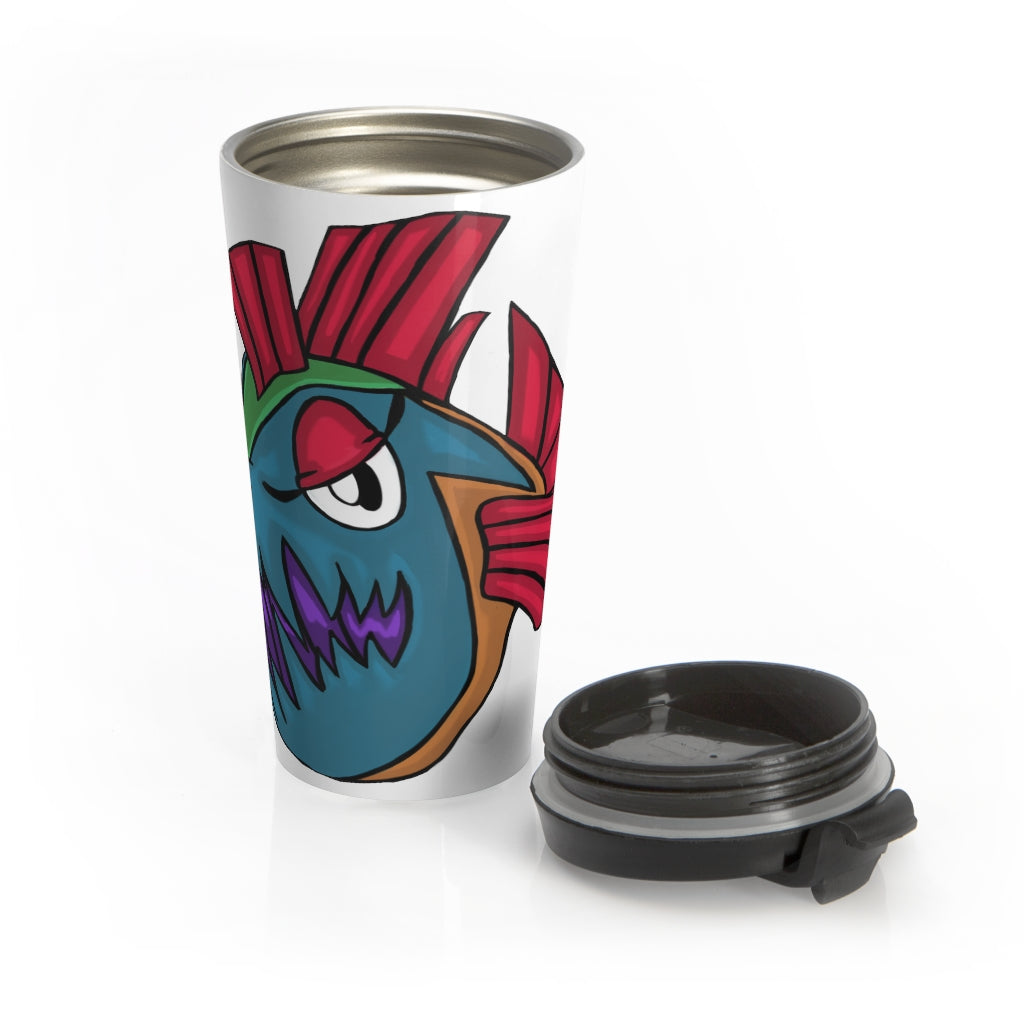 Carnevorenip Stainless Steel Travel Mug with black lid, showcasing its sleek design and vibrant sublimation printing.