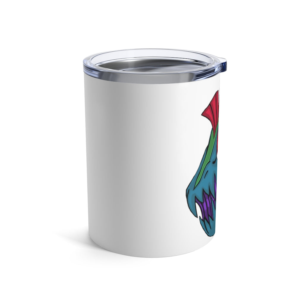 Carnevorenip Tumbler 10oz made of stainless steel with a see-thru plastic lid, showcasing its sleek design and rounded corners.