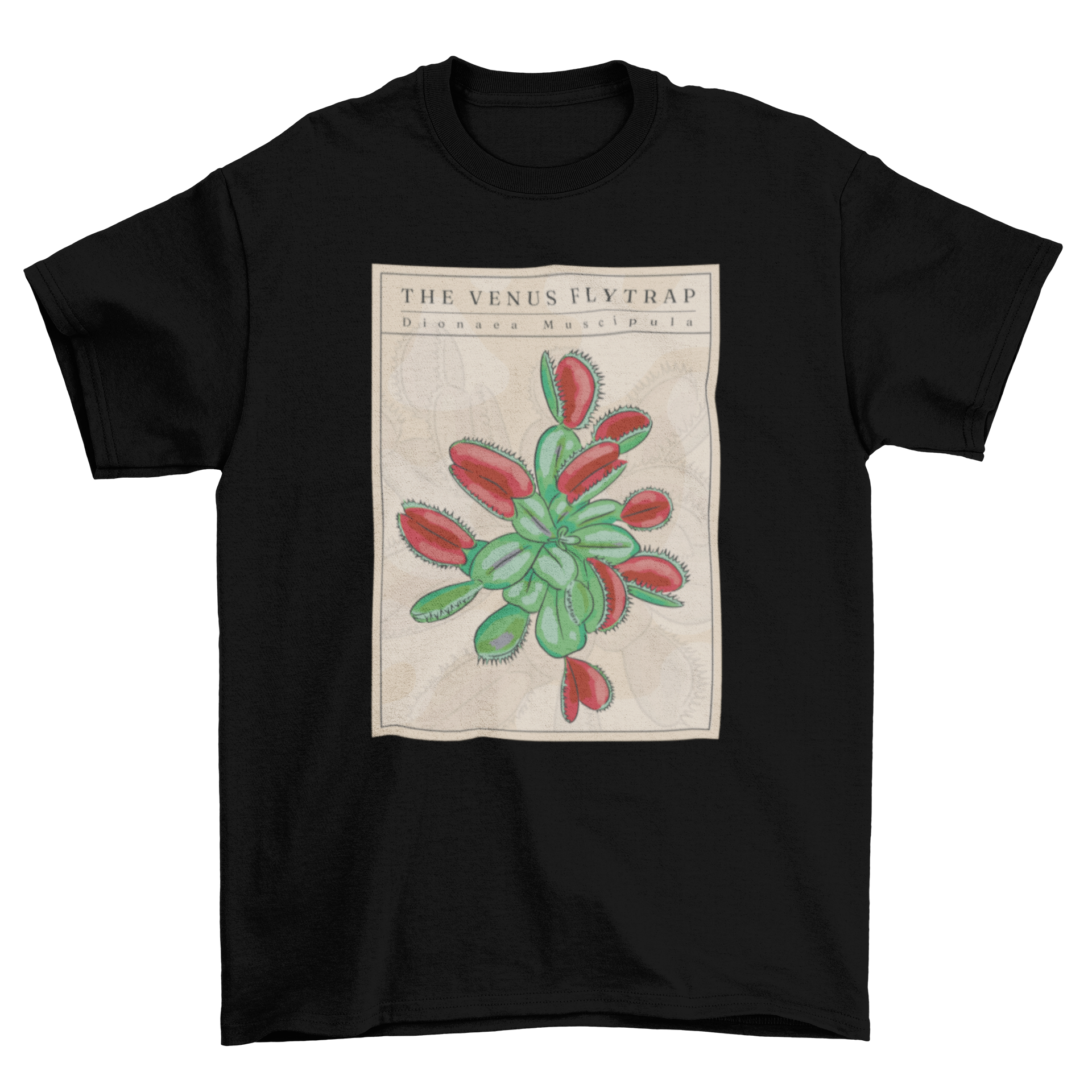 A stylish t-shirt featuring a detailed illustration of a Venus flytrap plant with quotes about the plant.