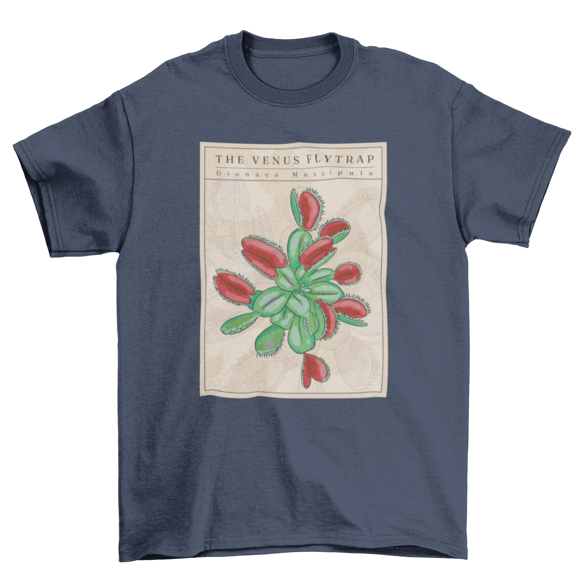 A stylish t-shirt featuring a detailed illustration of a Venus flytrap plant with quotes about the plant.