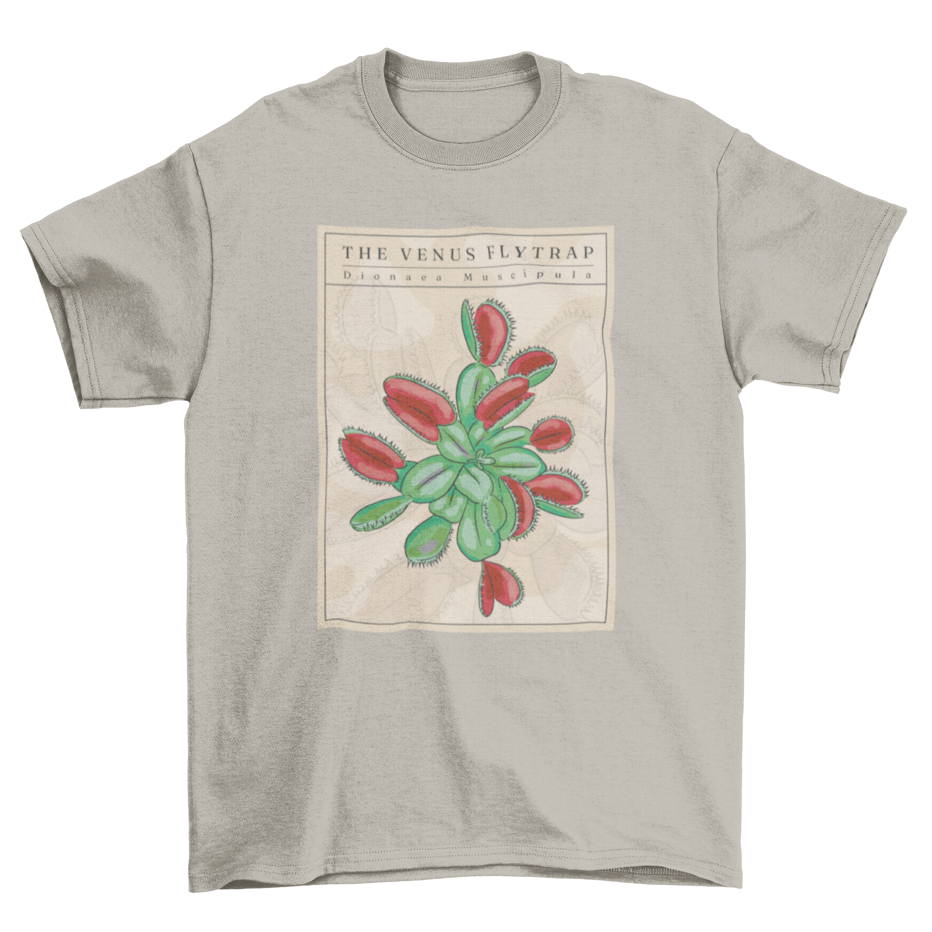 A stylish t-shirt featuring a detailed illustration of a Venus flytrap plant with quotes about the plant.