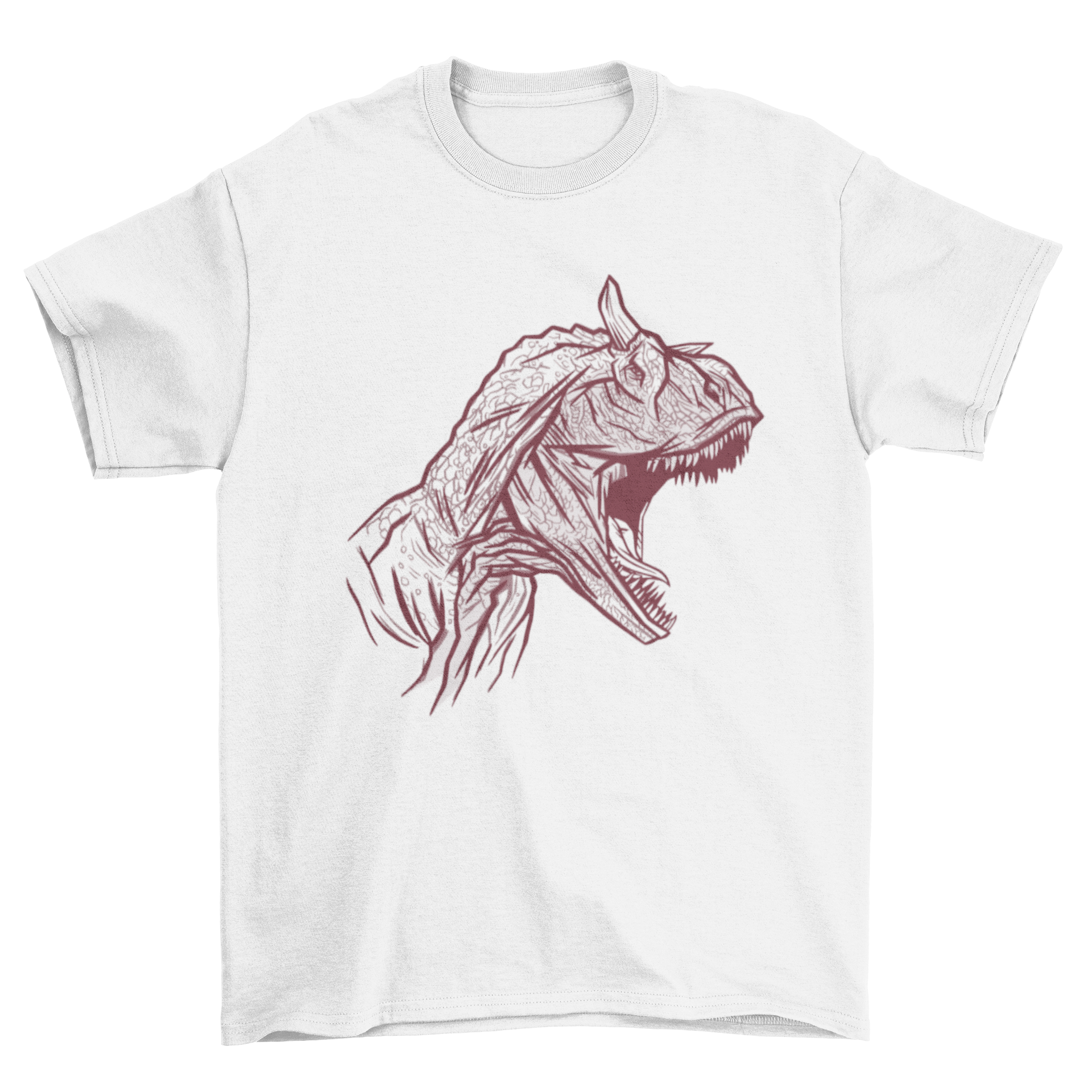 Carnotaurus dinosaur face t-shirt featuring a hand-drawn design, showcasing the fierce expression of the dinosaur.