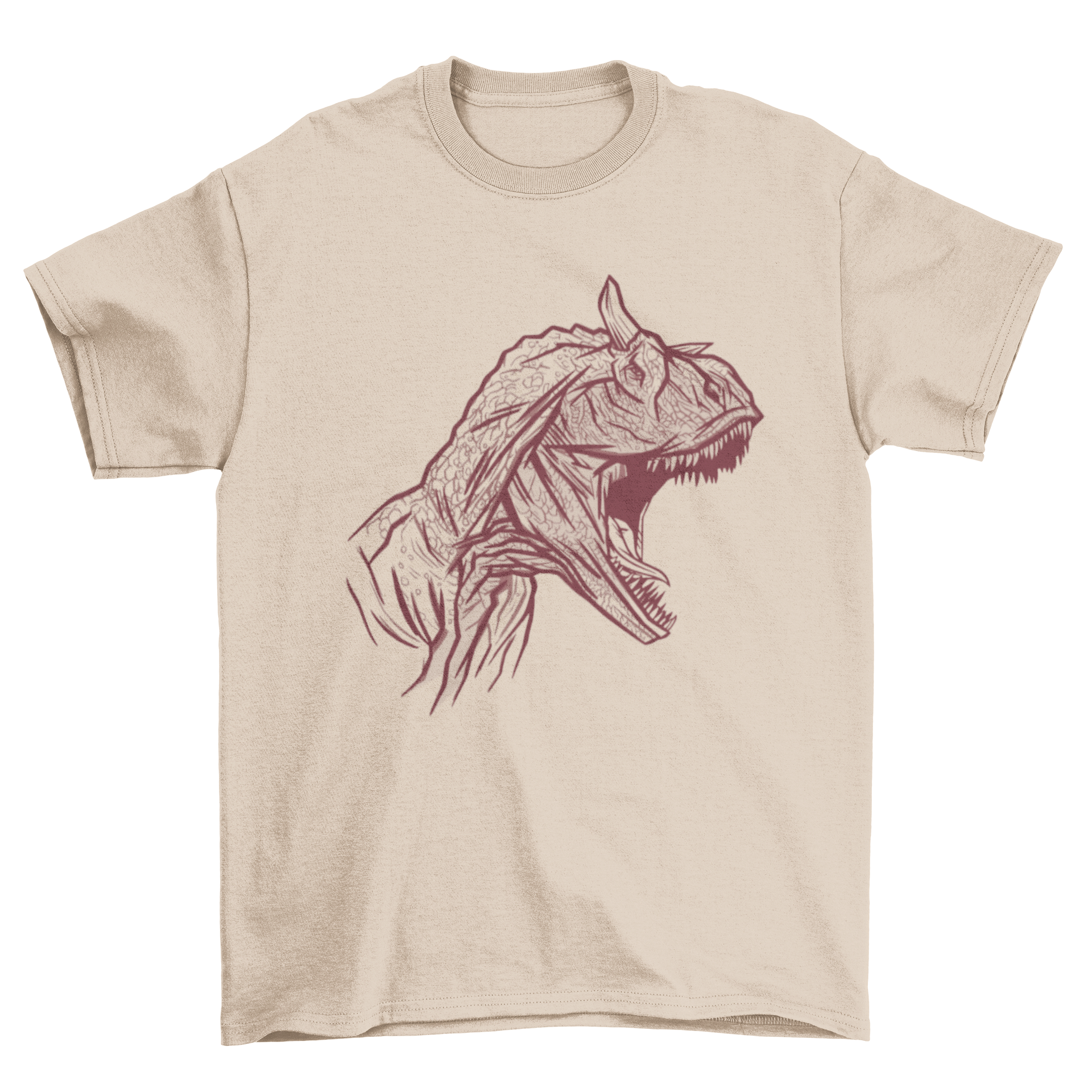 Carnotaurus dinosaur face t-shirt featuring a hand-drawn design, showcasing the fierce expression of the dinosaur.