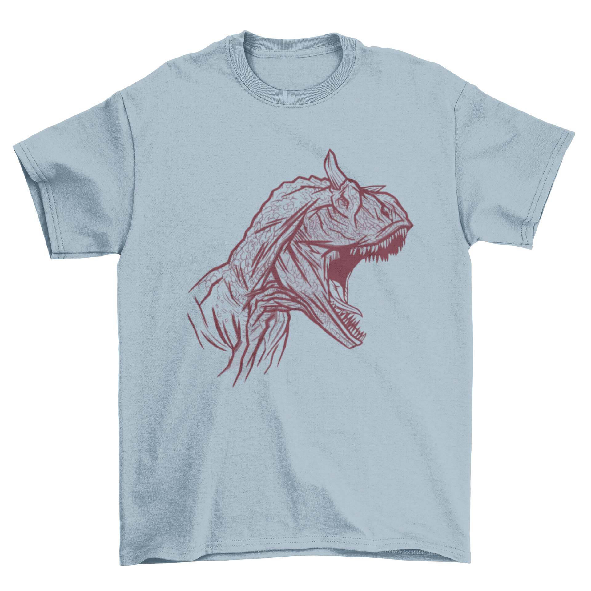 Carnotaurus dinosaur face t-shirt featuring a hand-drawn design, showcasing the fierce expression of the dinosaur.