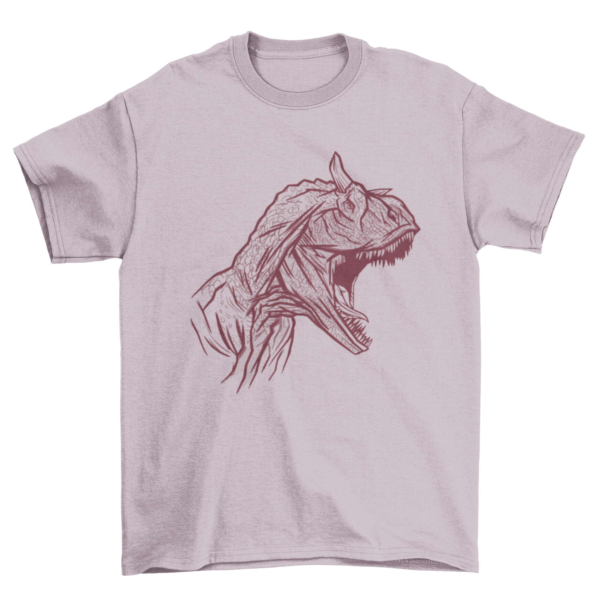 Carnotaurus dinosaur face t-shirt featuring a hand-drawn design, showcasing the fierce expression of the dinosaur.