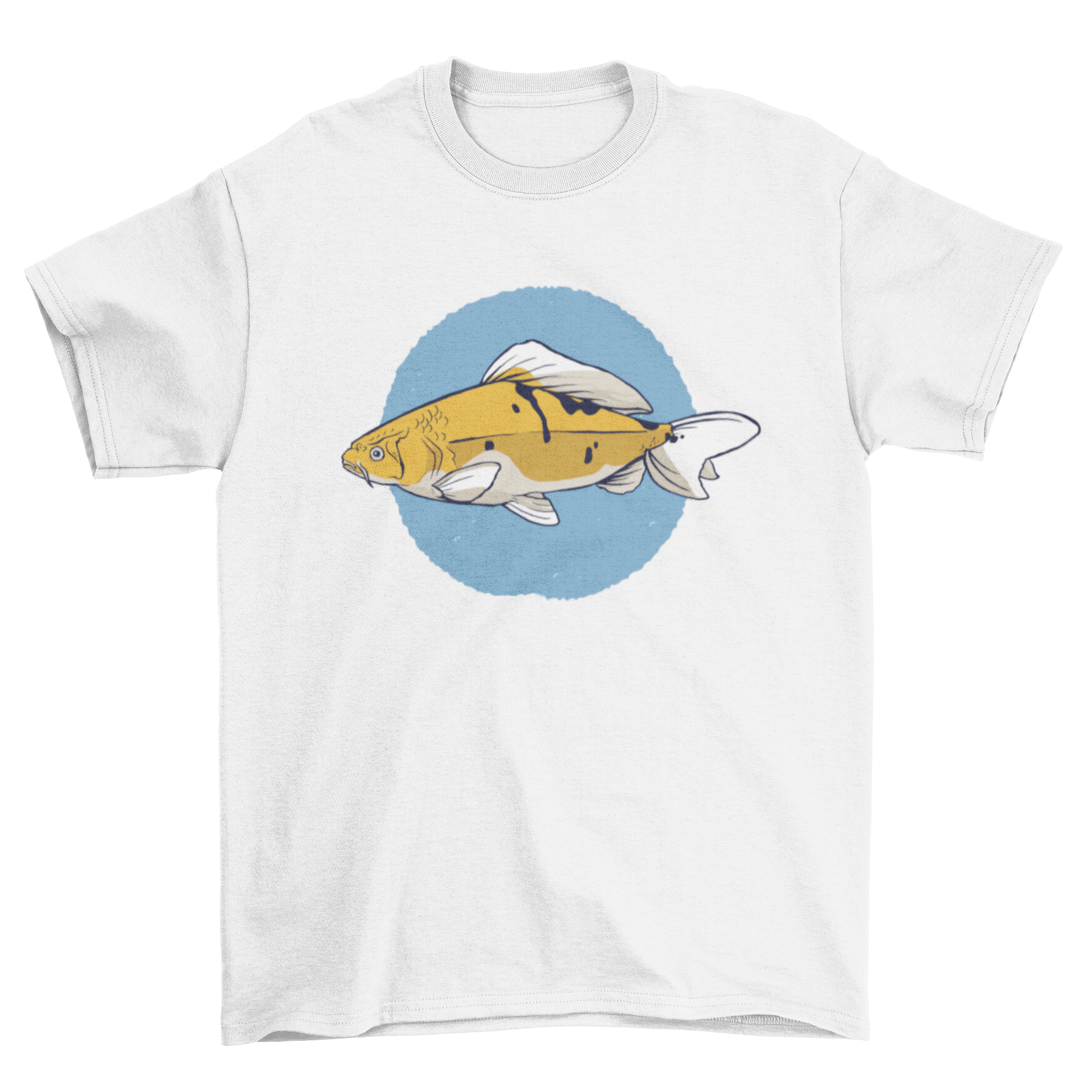 A stylish carp fish t-shirt featuring a detailed illustration of a carp in yellow, white, and black colors over a blue circle.