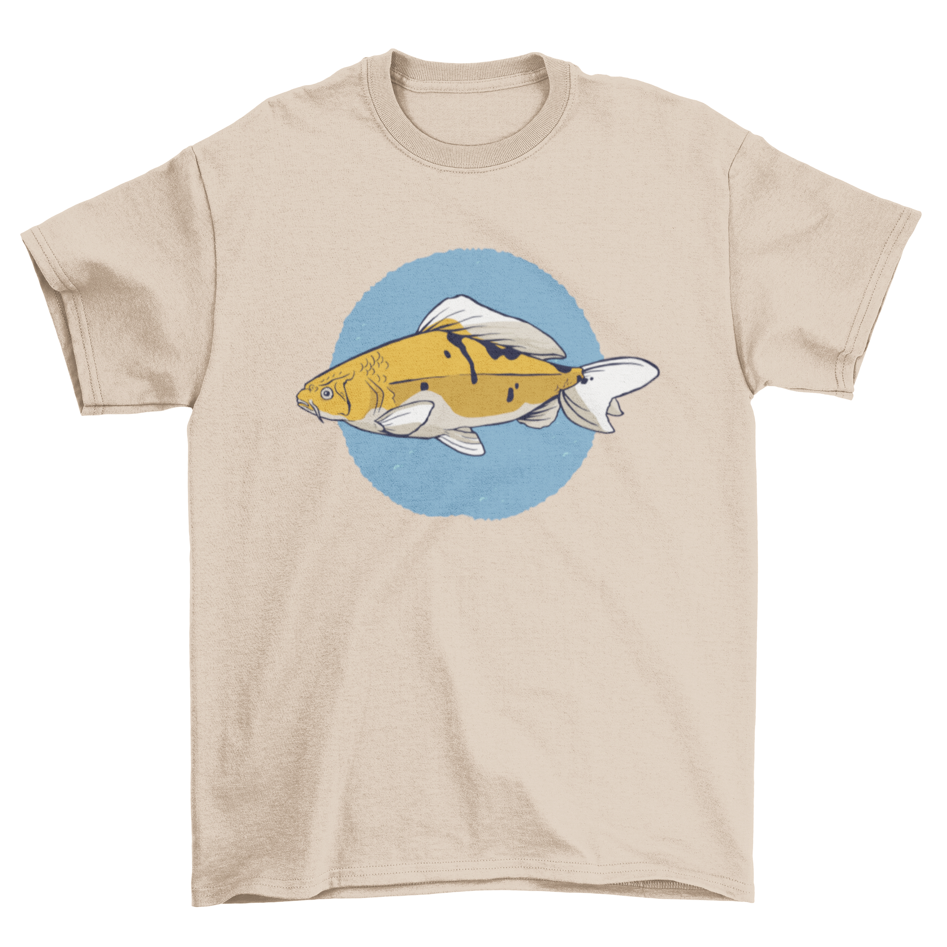 A stylish carp fish t-shirt featuring a detailed illustration of a carp in yellow, white, and black colors over a blue circle.