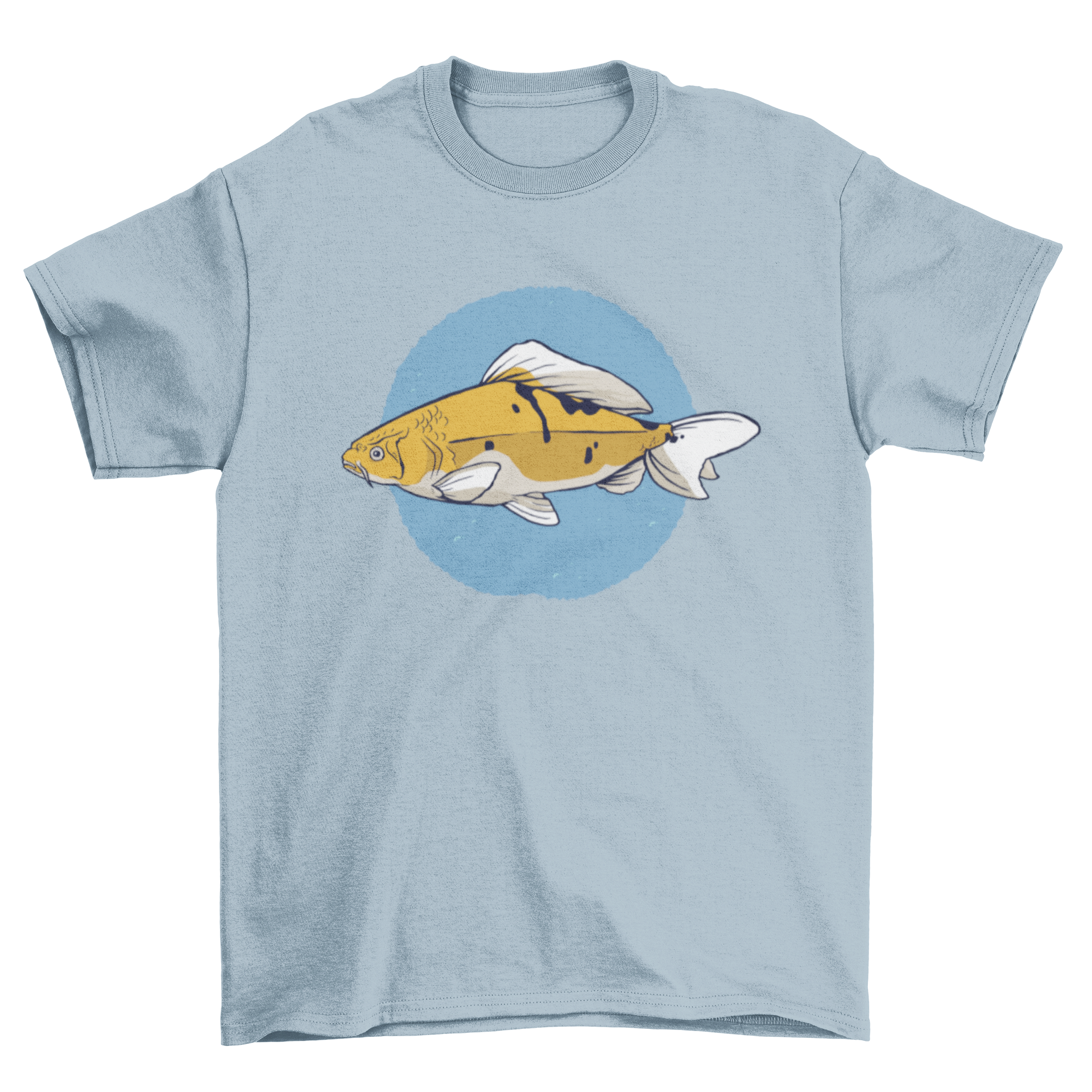 A stylish carp fish t-shirt featuring a detailed illustration of a carp in yellow, white, and black colors over a blue circle.