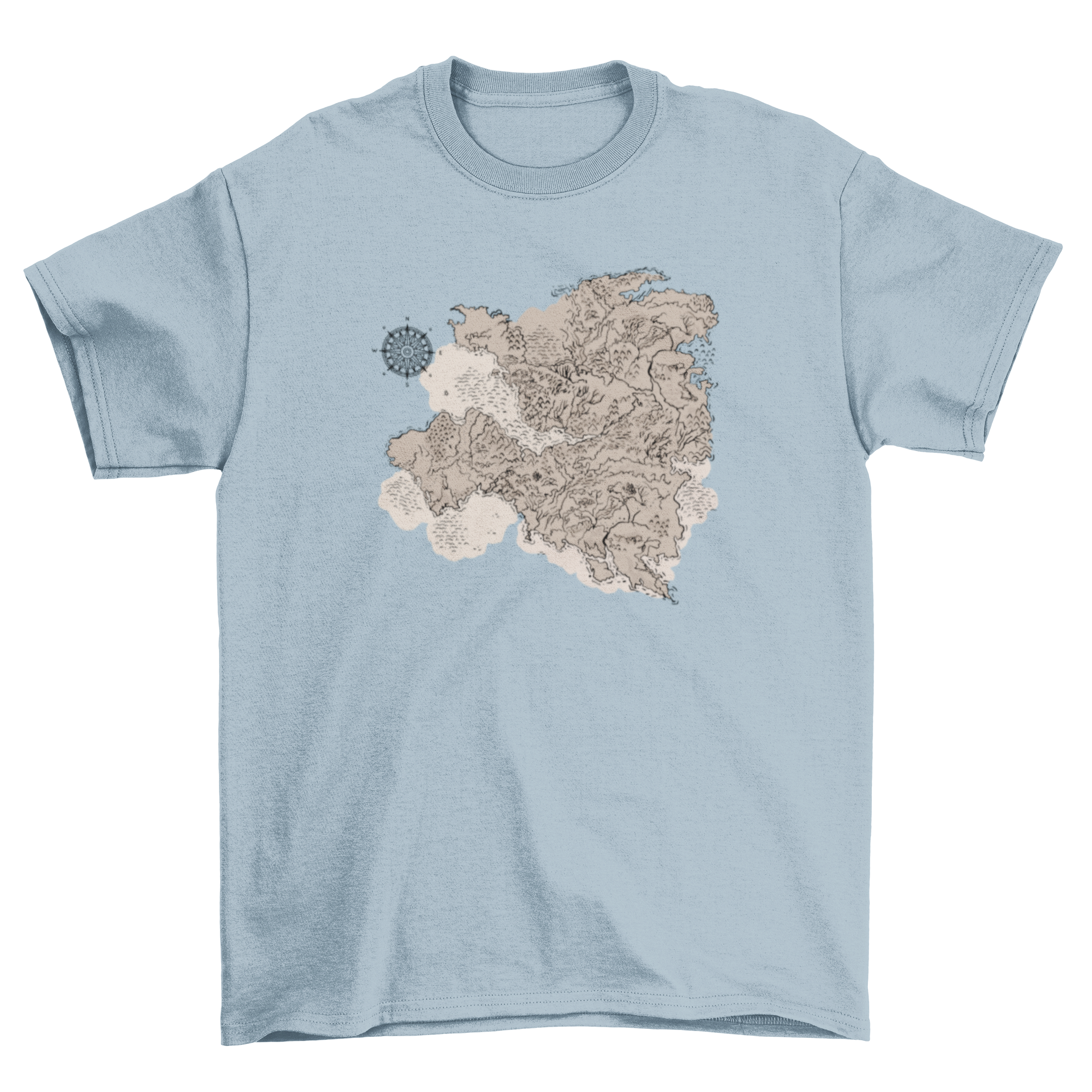 A stylish Cartography t-shirt featuring a hand-drawn map design, perfect for travel enthusiasts.