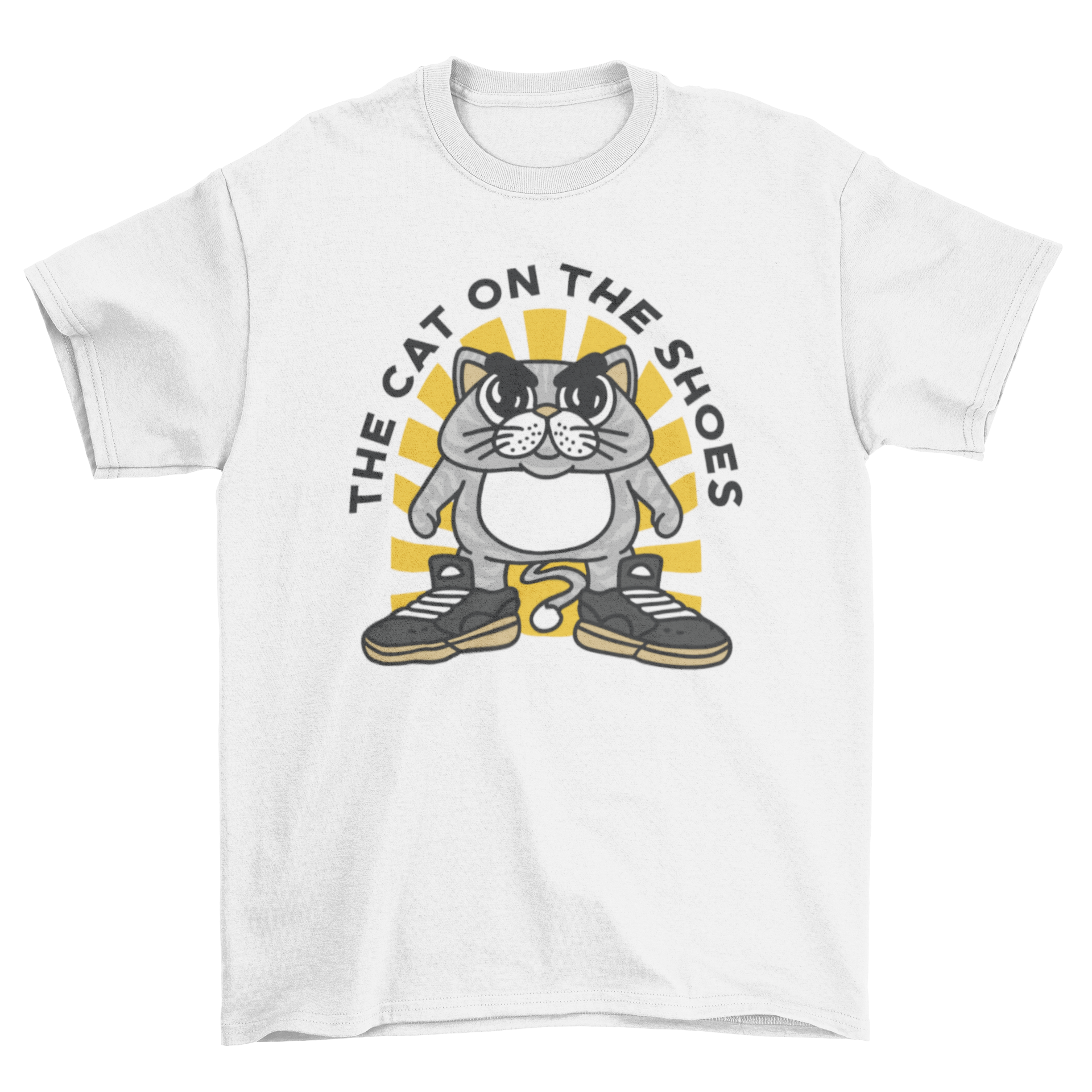 A humorous t-shirt featuring a cartoon cat wearing oversized shoes with the quote 'The cat on the shoes'.