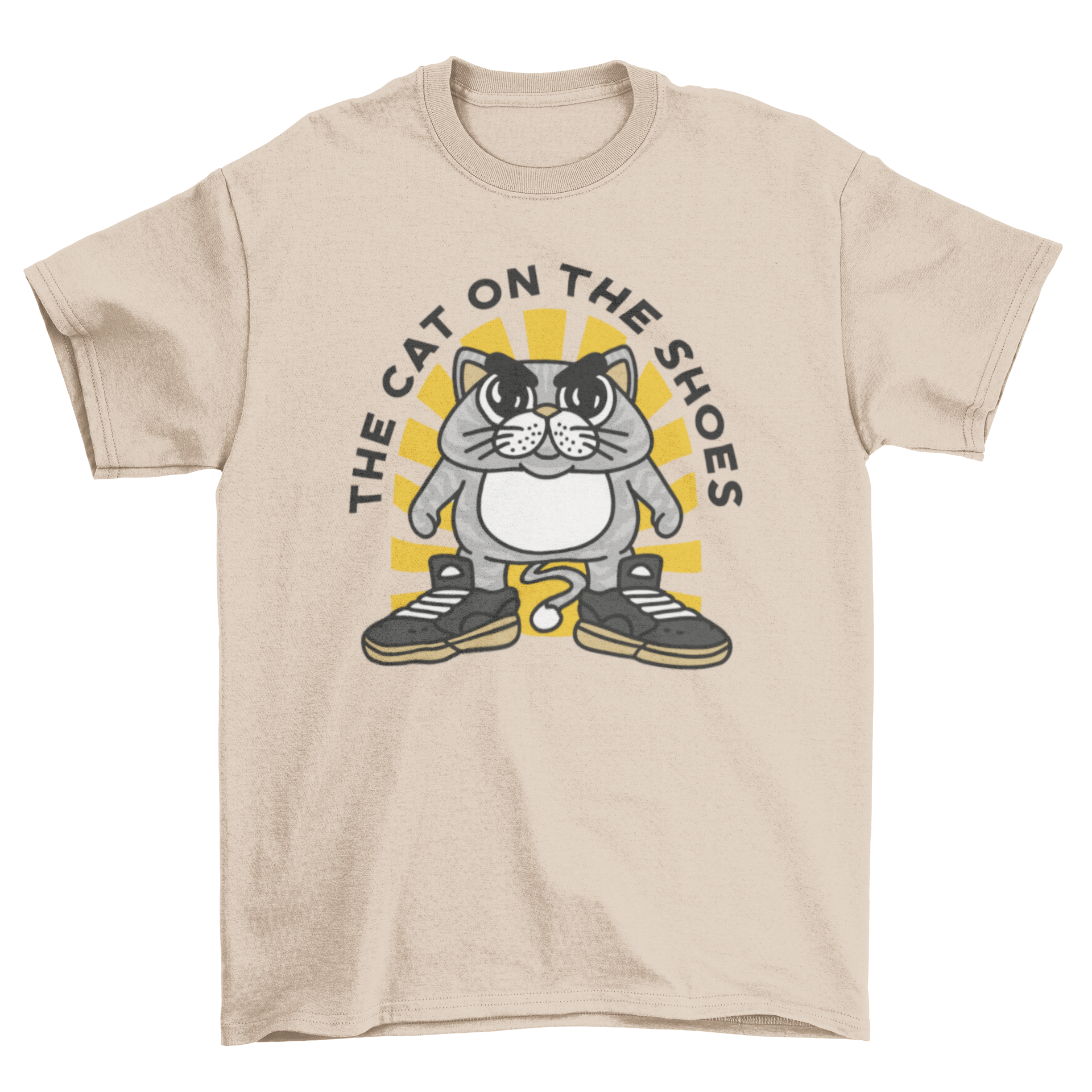 A humorous t-shirt featuring a cartoon cat wearing oversized shoes with the quote 'The cat on the shoes'.