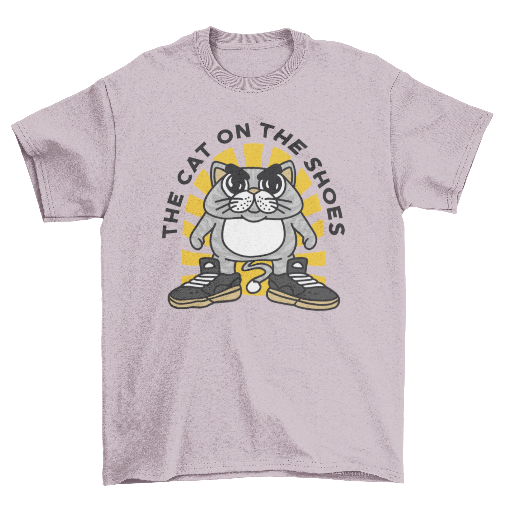 A humorous t-shirt featuring a cartoon cat wearing oversized shoes with the quote 'The cat on the shoes'.